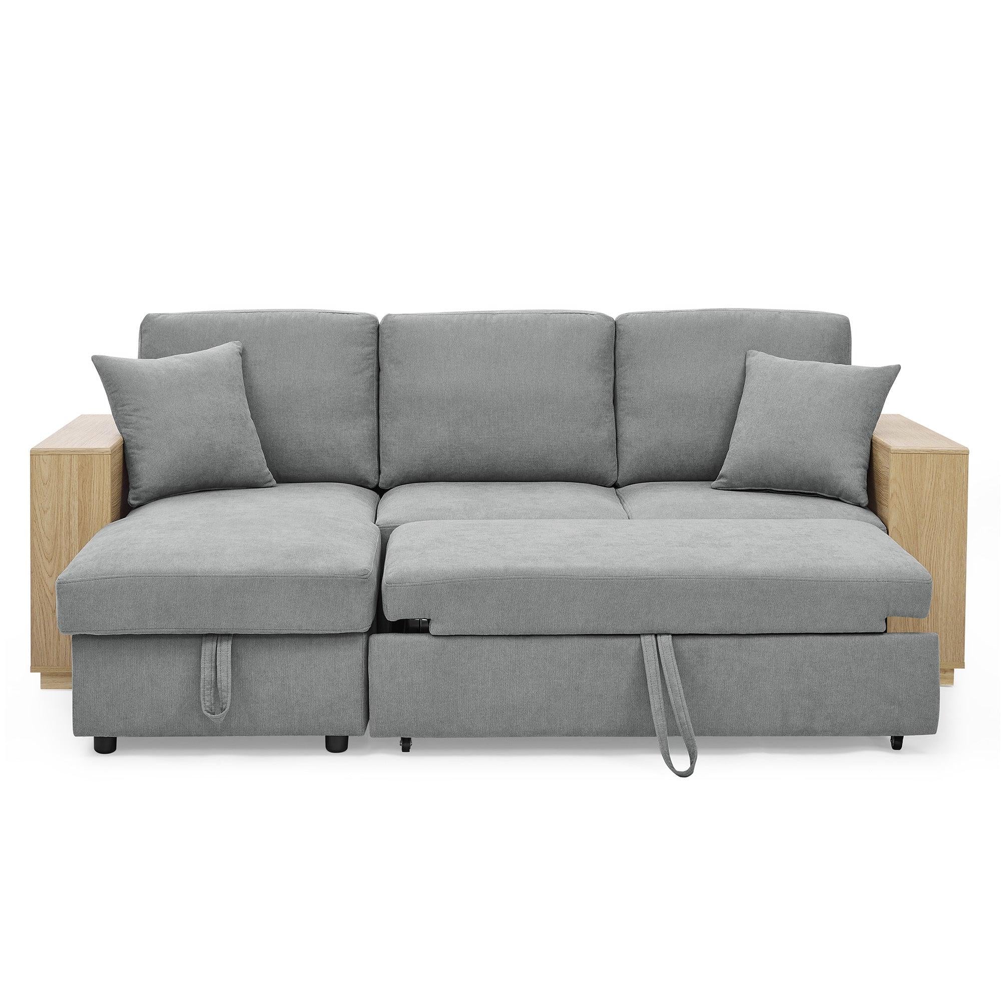 Sectional Sofa with Pulled Out Bed, 2 Seats Sofa and Reversible Chaise withStorage, MDF Shelf Armrest, Two Pillows, Grey, (88" x52" x 34")