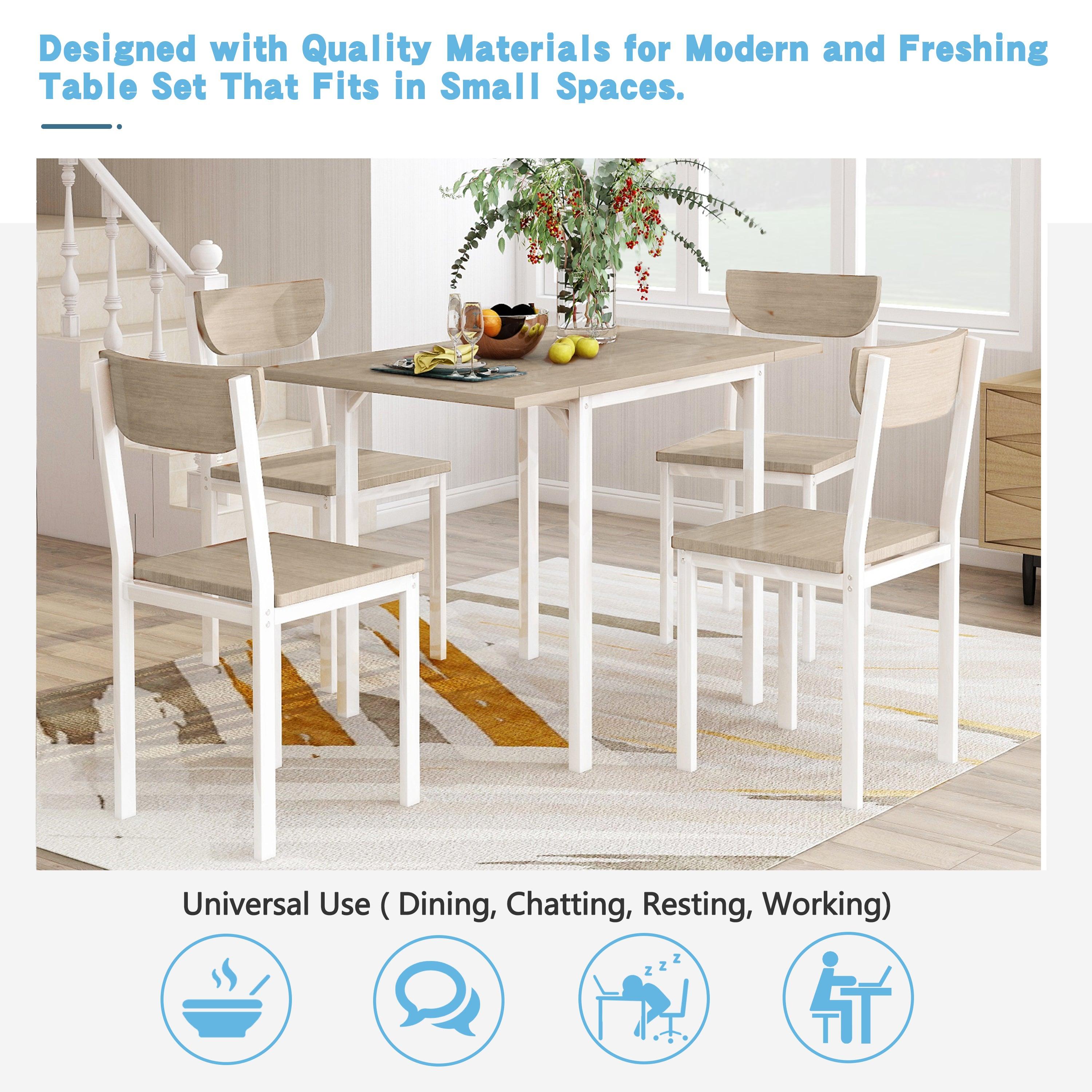 5-pieceModern Metal Dining Set with 1 Drop Leaf Dining Table and 4 chairs Home Kitchen Furniture Dinette Set (Oak Finish)