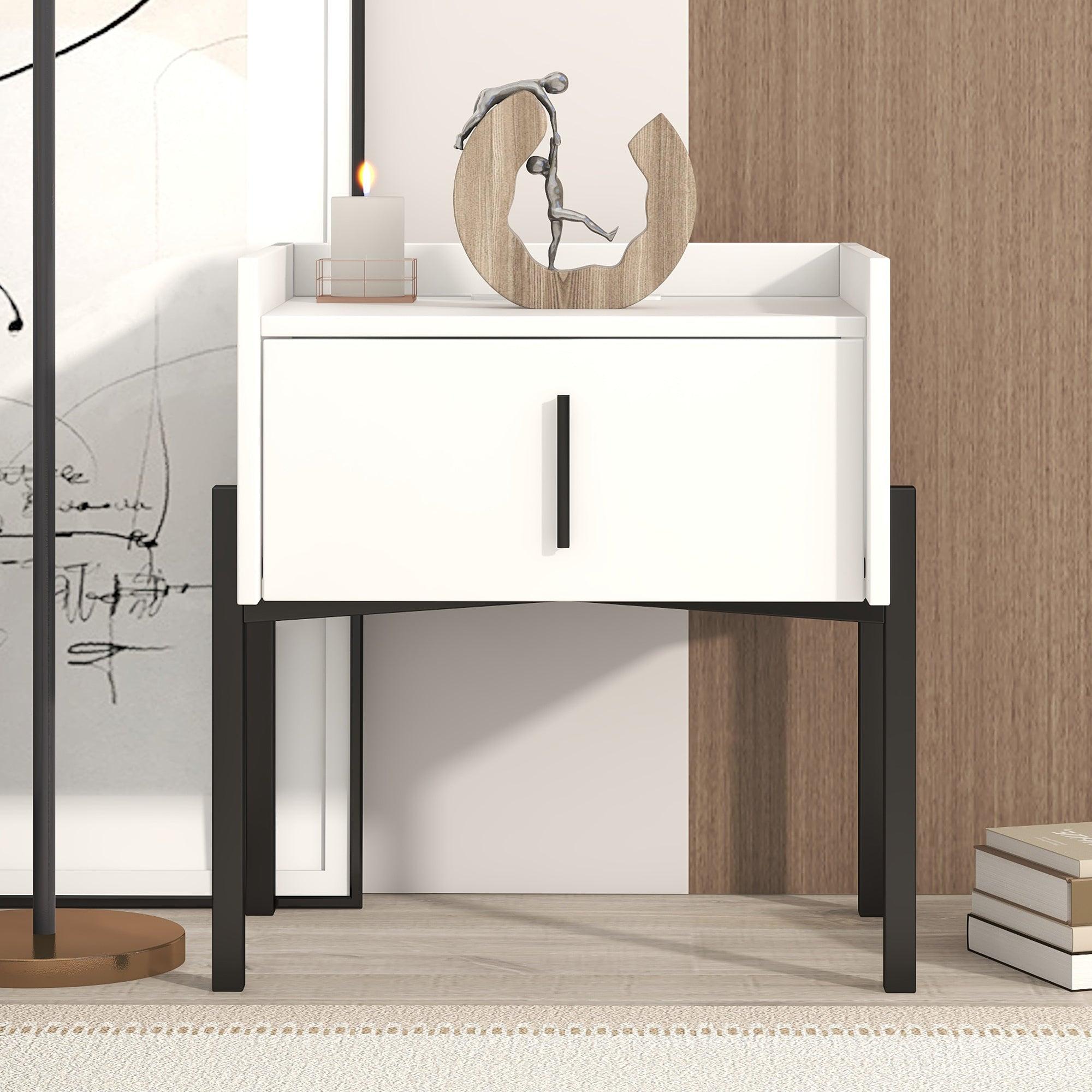 Nightstand with Drawer ,Storage Bedside Table with USB Charging Ports- White image