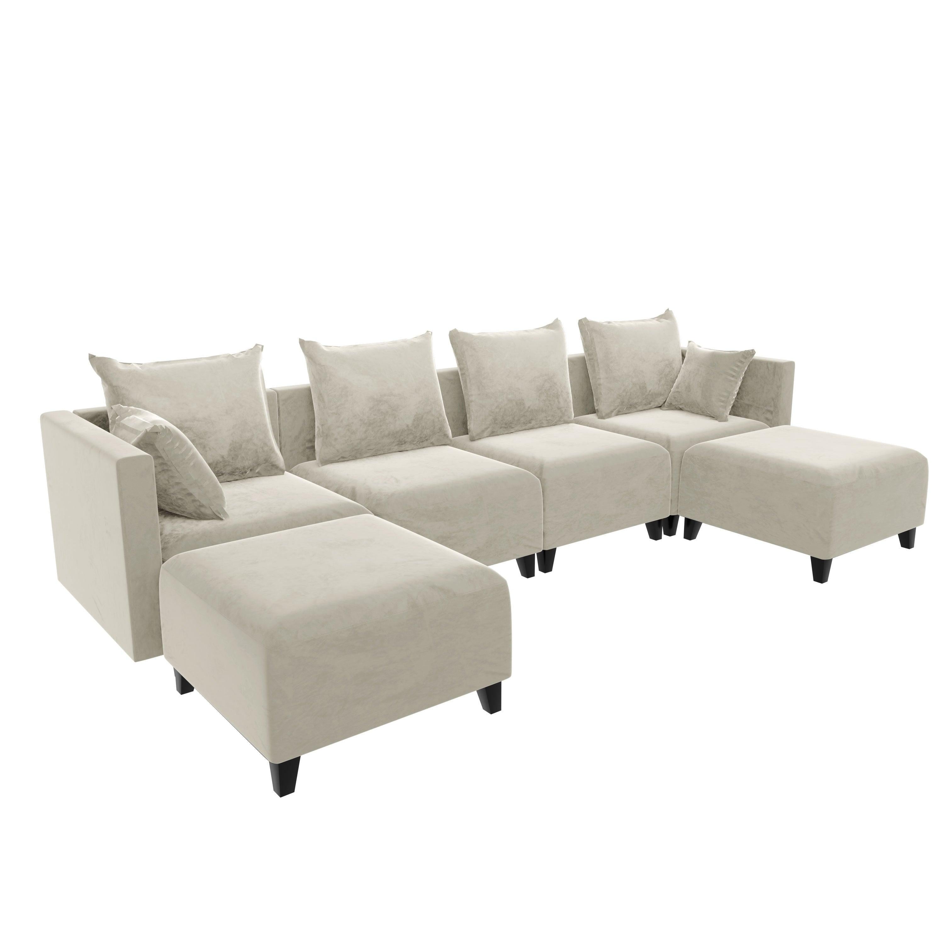 Sectional Sofa U shape Velvet Square Arm Sofa with 6 Pillows for Living Room, Beige with Black Foot