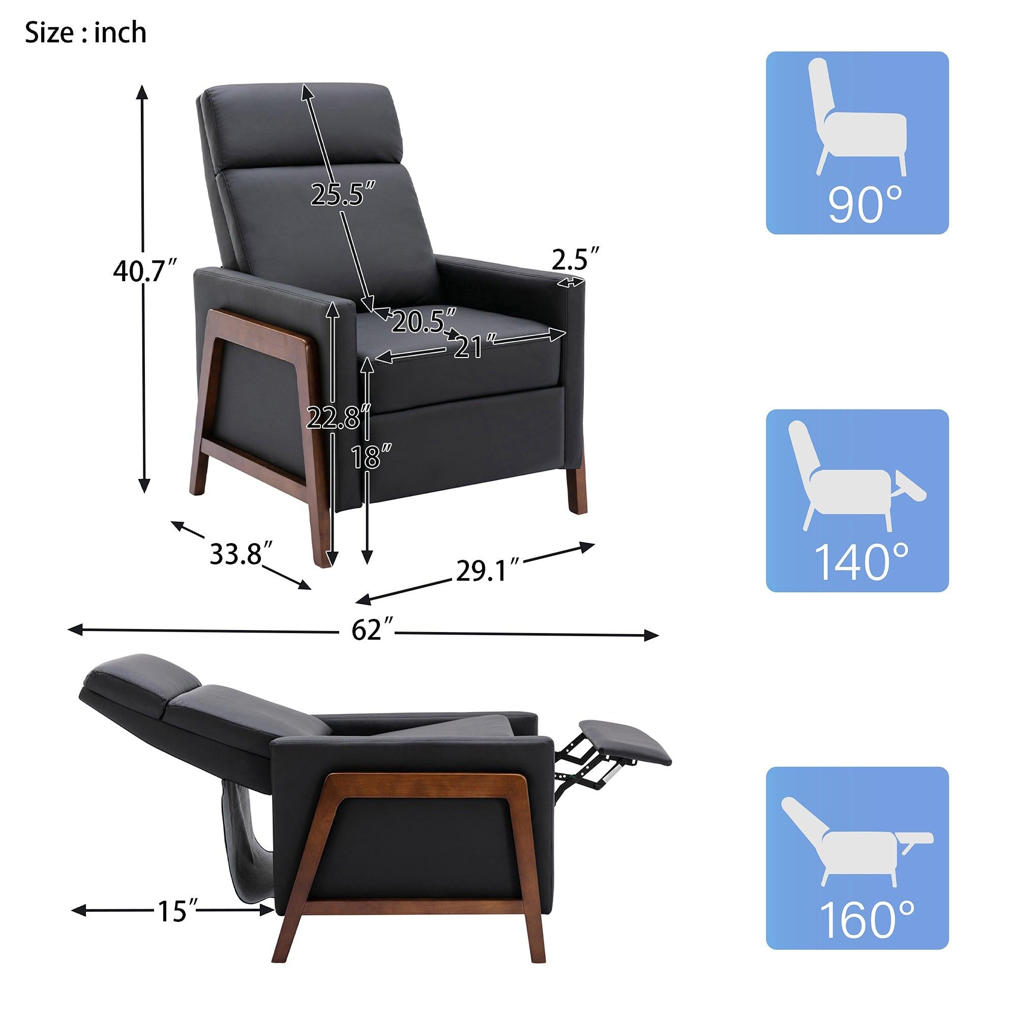 Wood-Framed PU Leather Recliner Chair Adjustable Home Theater Seating with Thick Seat Cushion and BackrestModern Living Room Recliners，Black