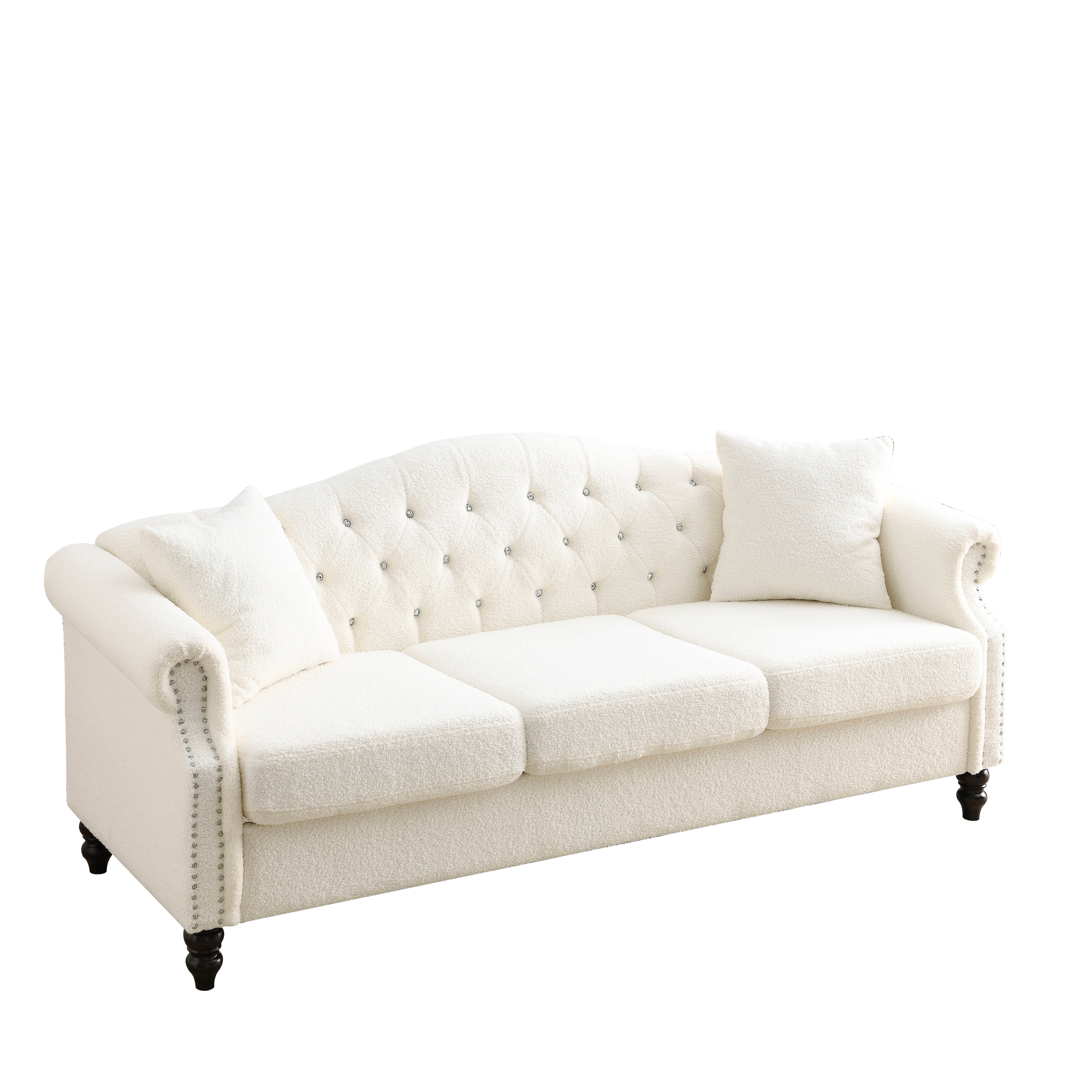 79" Chesterfield Sofa Teddy white for Living Room, 3 Seater Sofa Tufted Couch with Rolled Arms and Nailhead for Living Room, Bedroom, Office, Apartment, two pillows