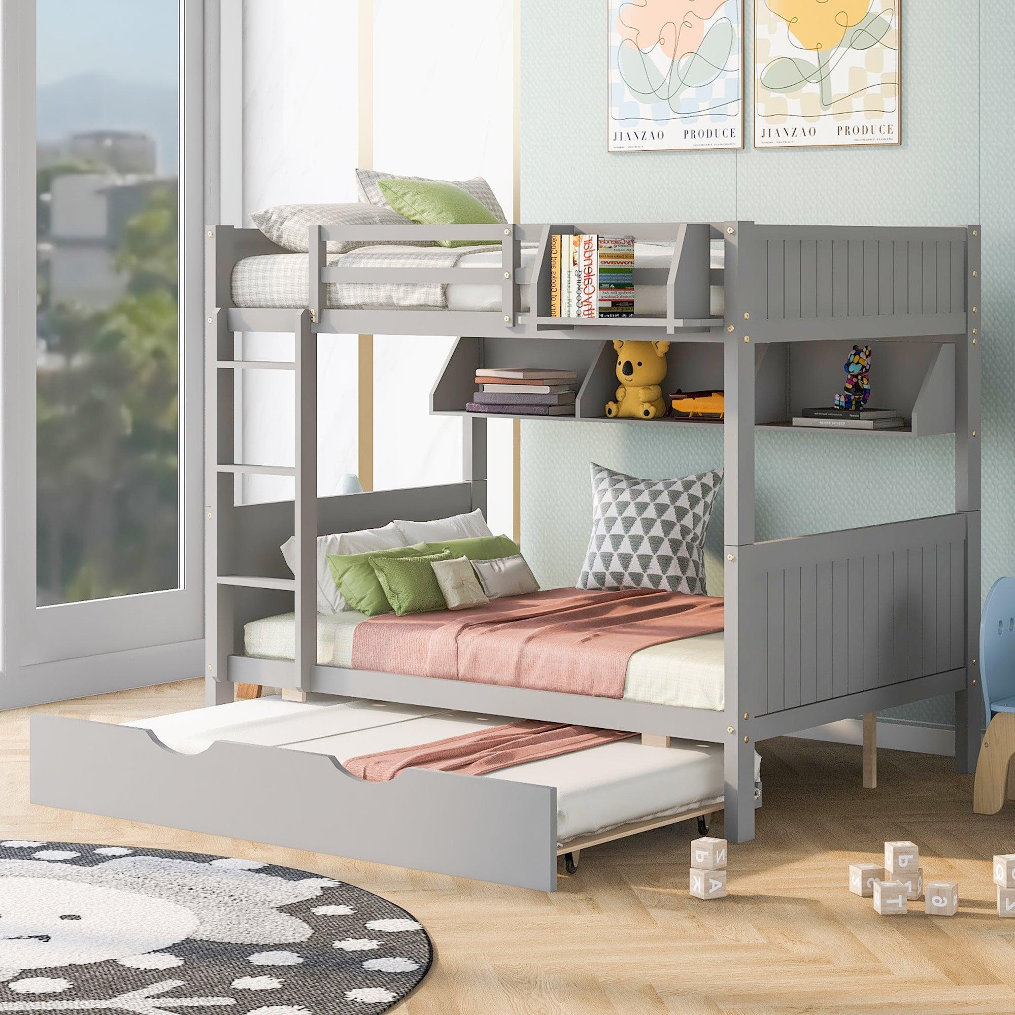 Full-Over-Full Bunk Bed with Twin size Trundle , Separable Bunk Bed with Bookshelf for Bedroom-Gray image