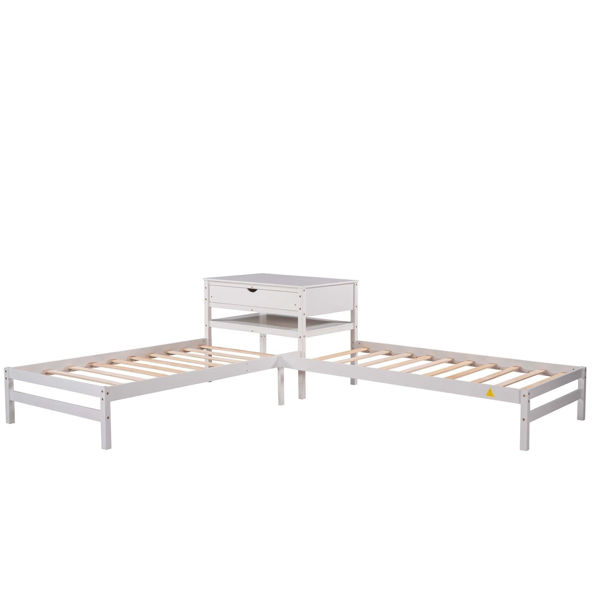 Twin Size L-Shaped Platform Beds with Drawer Linked with Built-in Rectangle Table,White