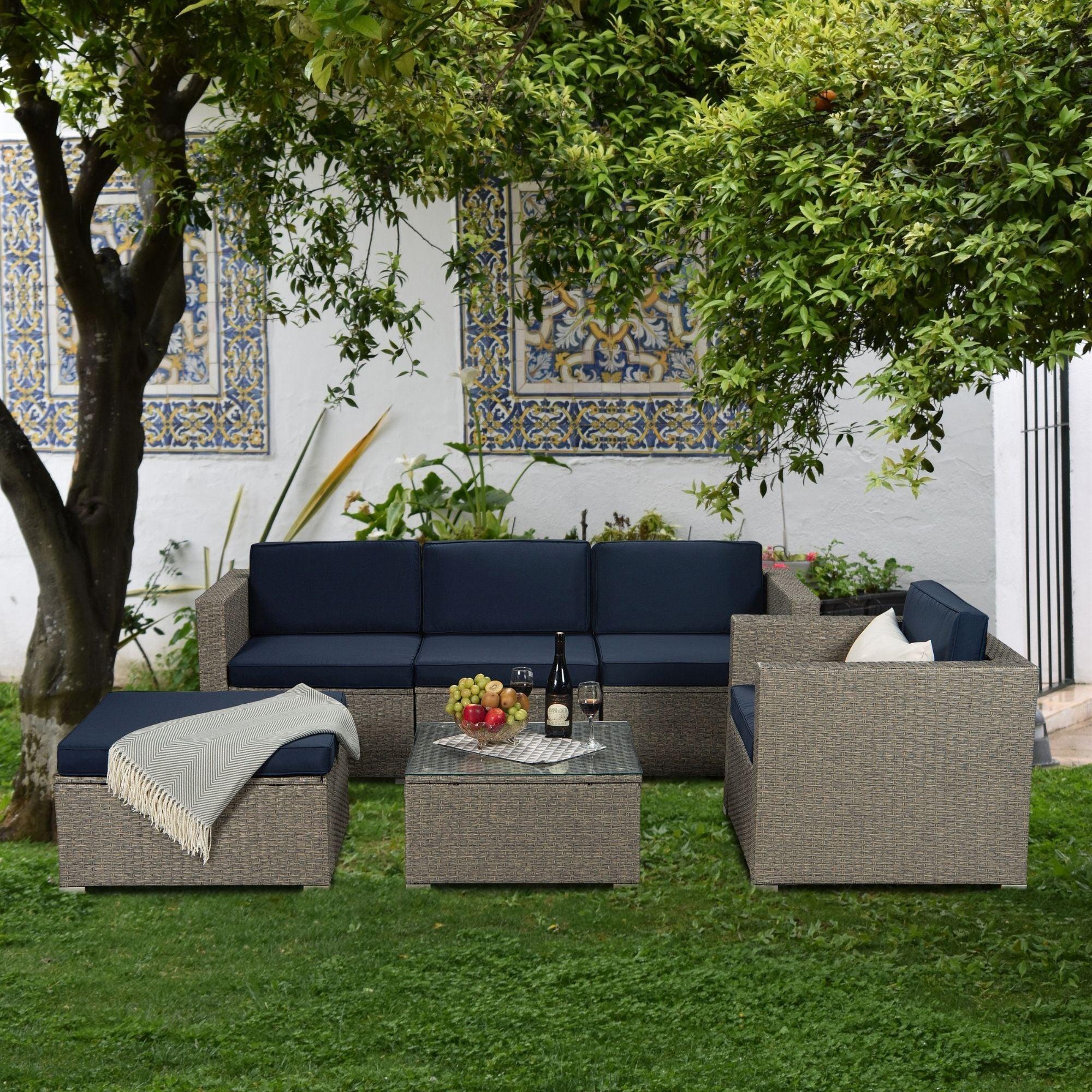 Outdoor Garden Patio Furniture 6-Piece Gray Mix Yellow PE Rattan Sectional Navy Cushioned Wicker Sofa Set with 1 Beige Pillows