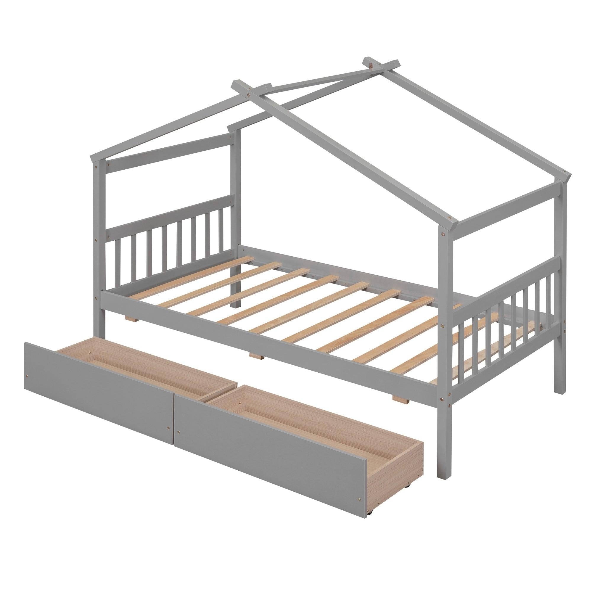 Twin Size Wooden House Bed with Drawers, Gray