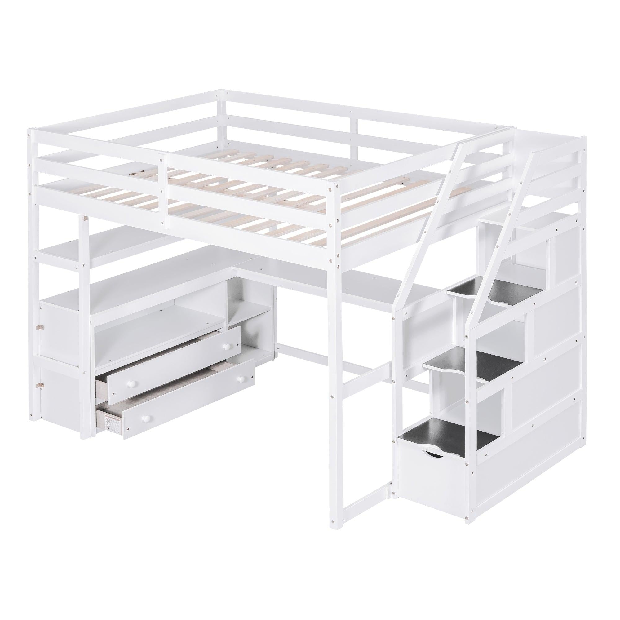 Full Size Loft Bed with Desk and Shelves, Two Built-in Drawers,Storage Staircase, White