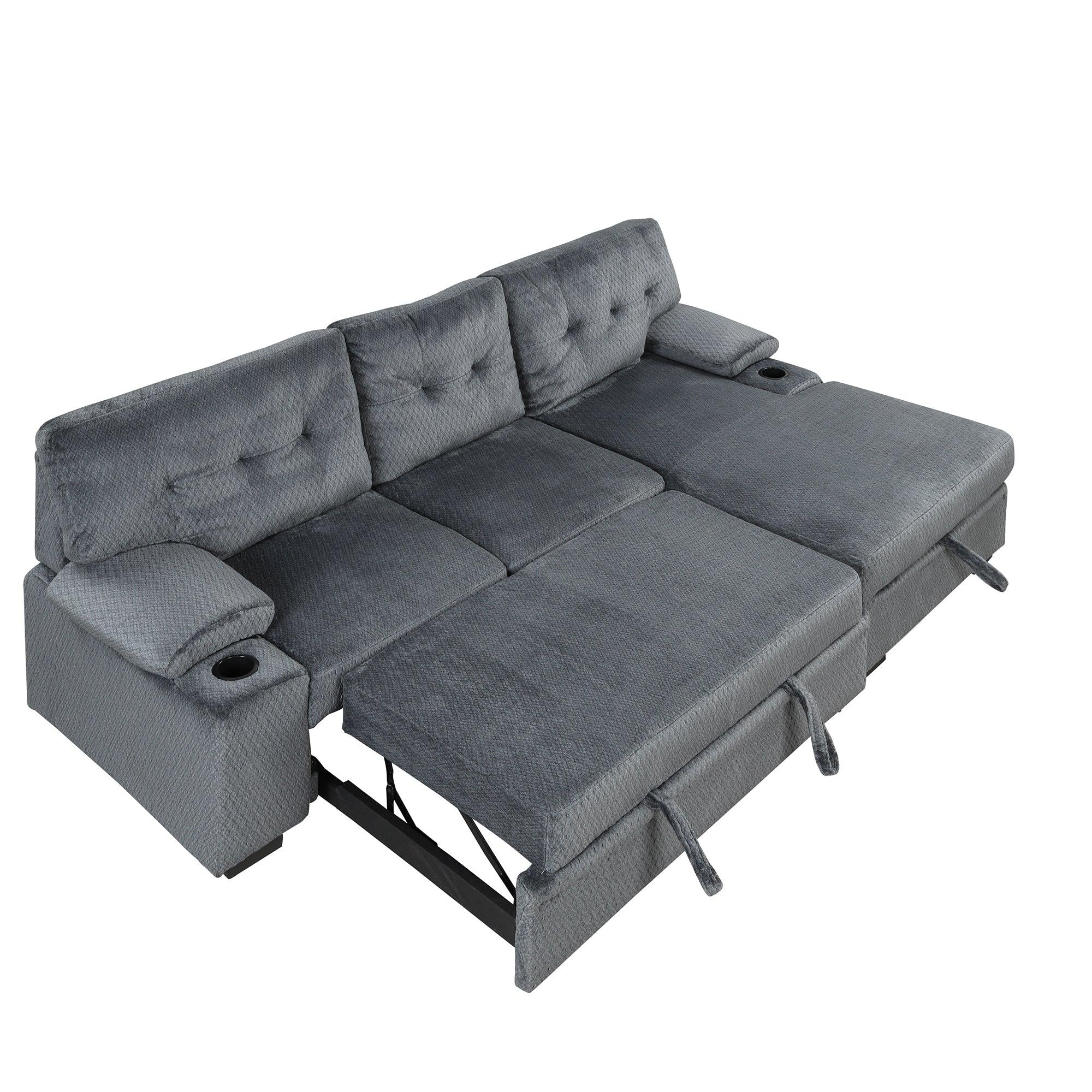 95.7"Modern Padded Upholstered  Sofa Bed Sleeper Sectional Sofa withStorage Chaise and Cup Holder for Living Room Furniture Set