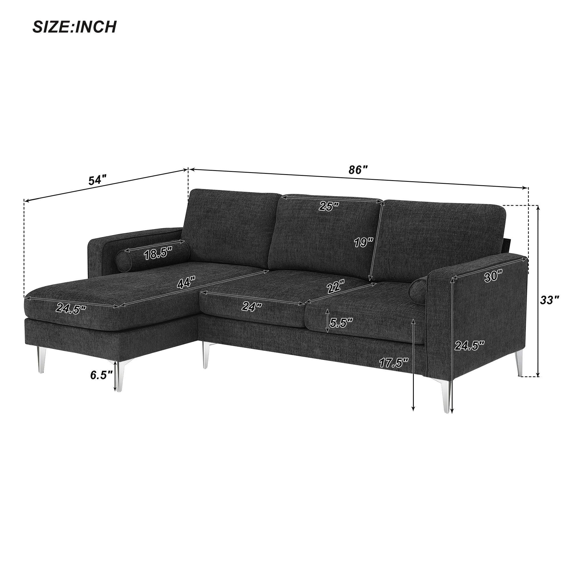 86" Convertible Sectional Sofa,Modern Chenille Fabric Sectional Sofa,  L-Shaped Couch 3-Seat Sofa Sectional with Reversible Chaise (2 Pillows)