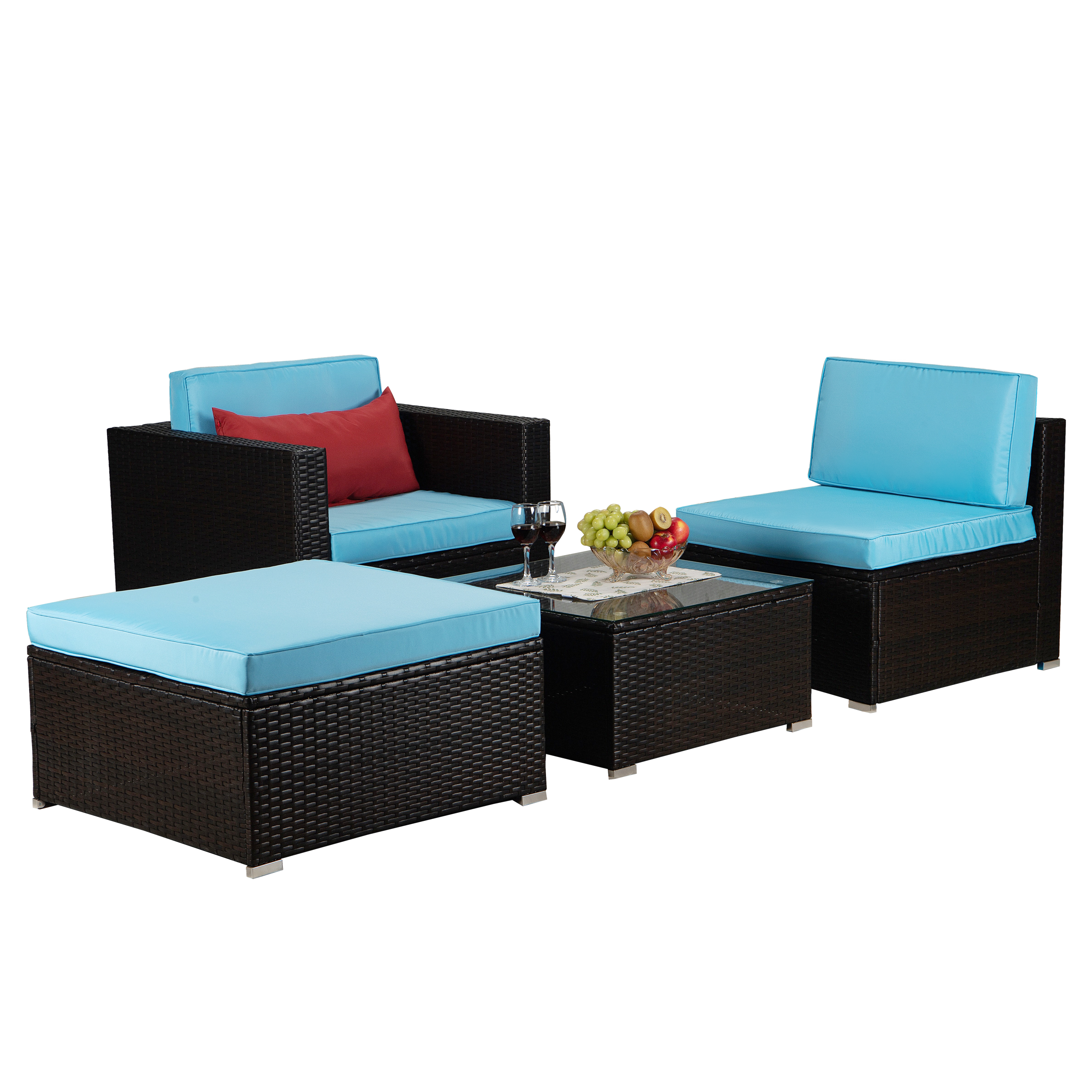 Outdoor Garden Patio Furniture 4-Piece Brown PE Rattan Wicker Sectional Blue Cushioned Sofa Sets with 1 Red Pillow