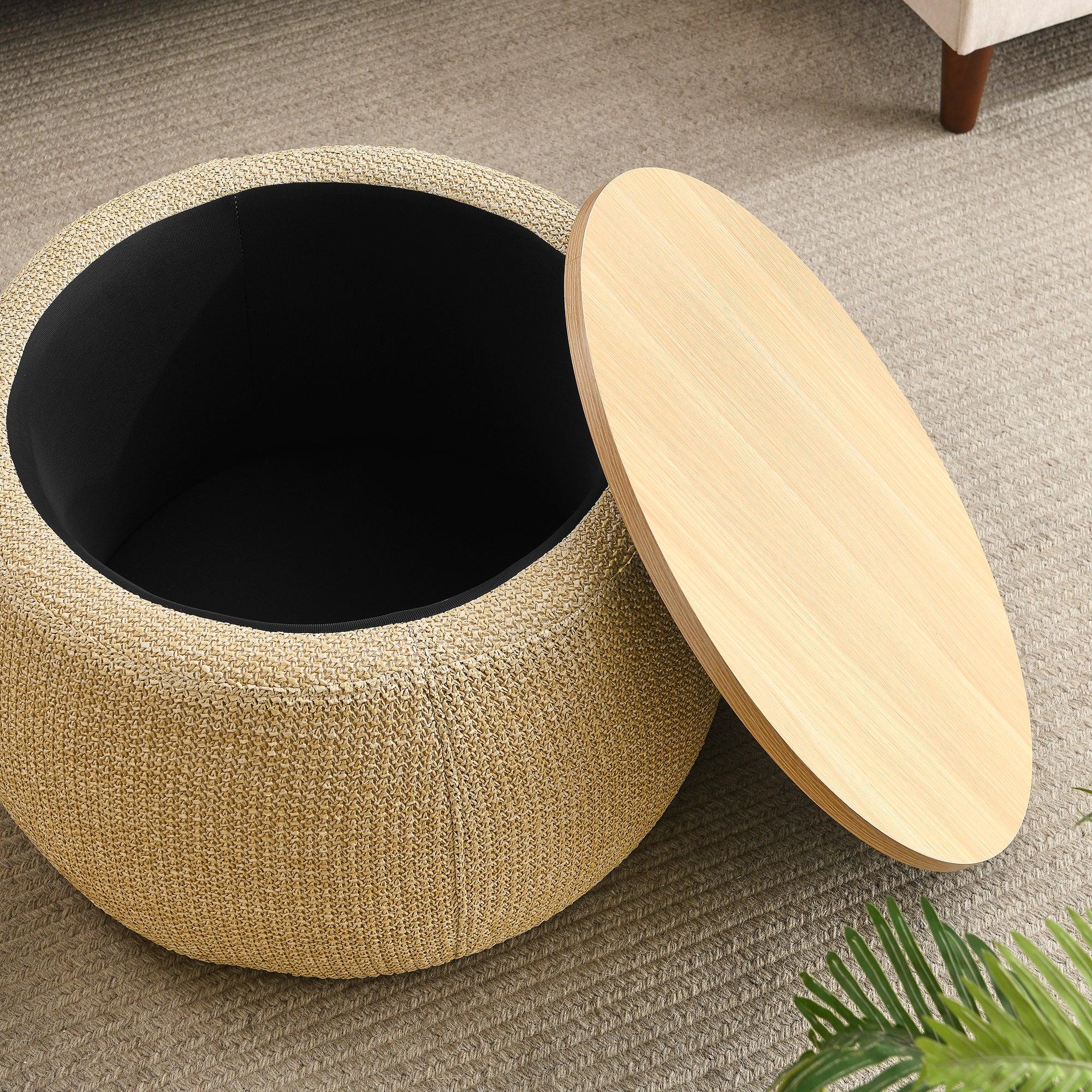 RoundStorage Ottoman, 2 in 1 Function, Work as End table and Ottoman, Natural (25.5"x25.5"x14.5")