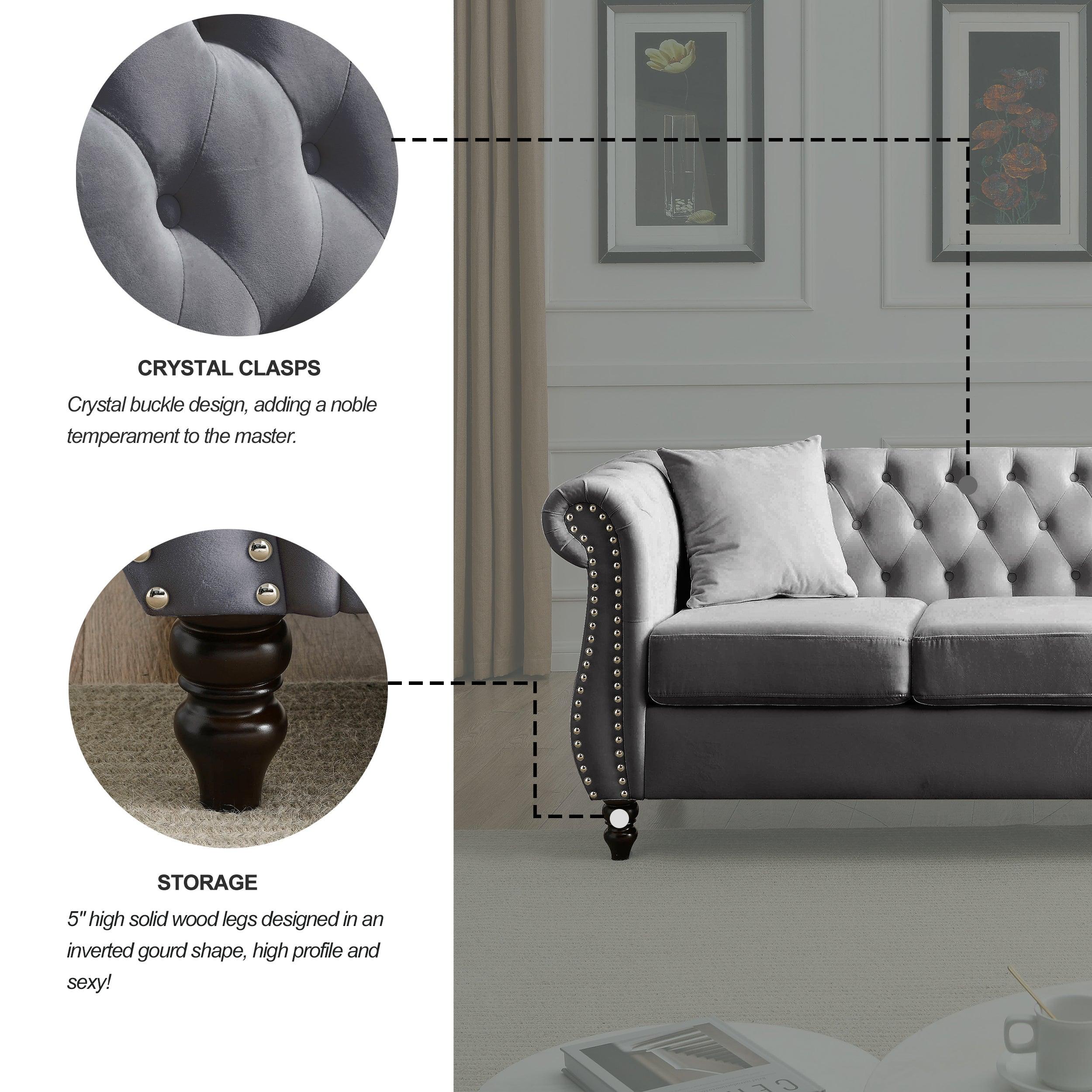 80" Chesterfield Sofa Grey Velvet for Living Room, 3 Seater Sofa Tufted Couch with Rolled Arms and Nailhead for Living Room, Bedroom, Office, Apartment, two pillows