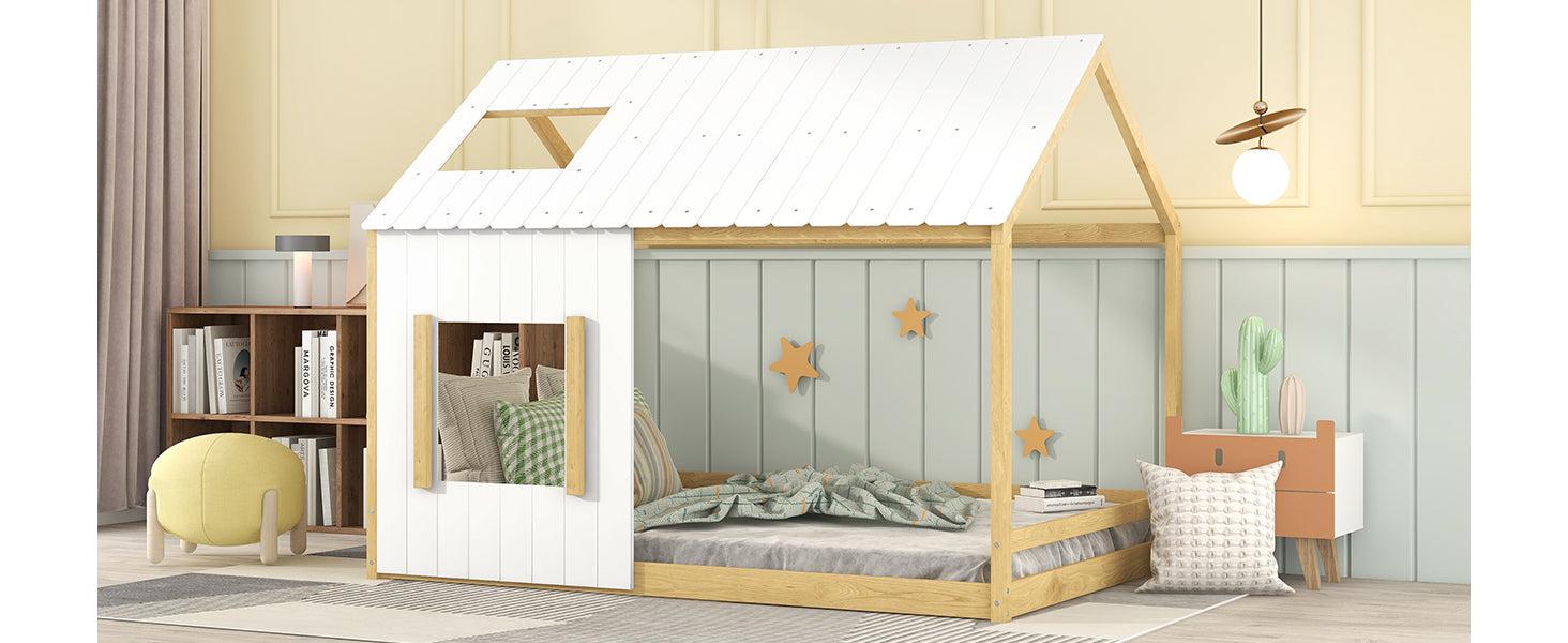 Full Size House Bed with Roof and Window - White+Natural