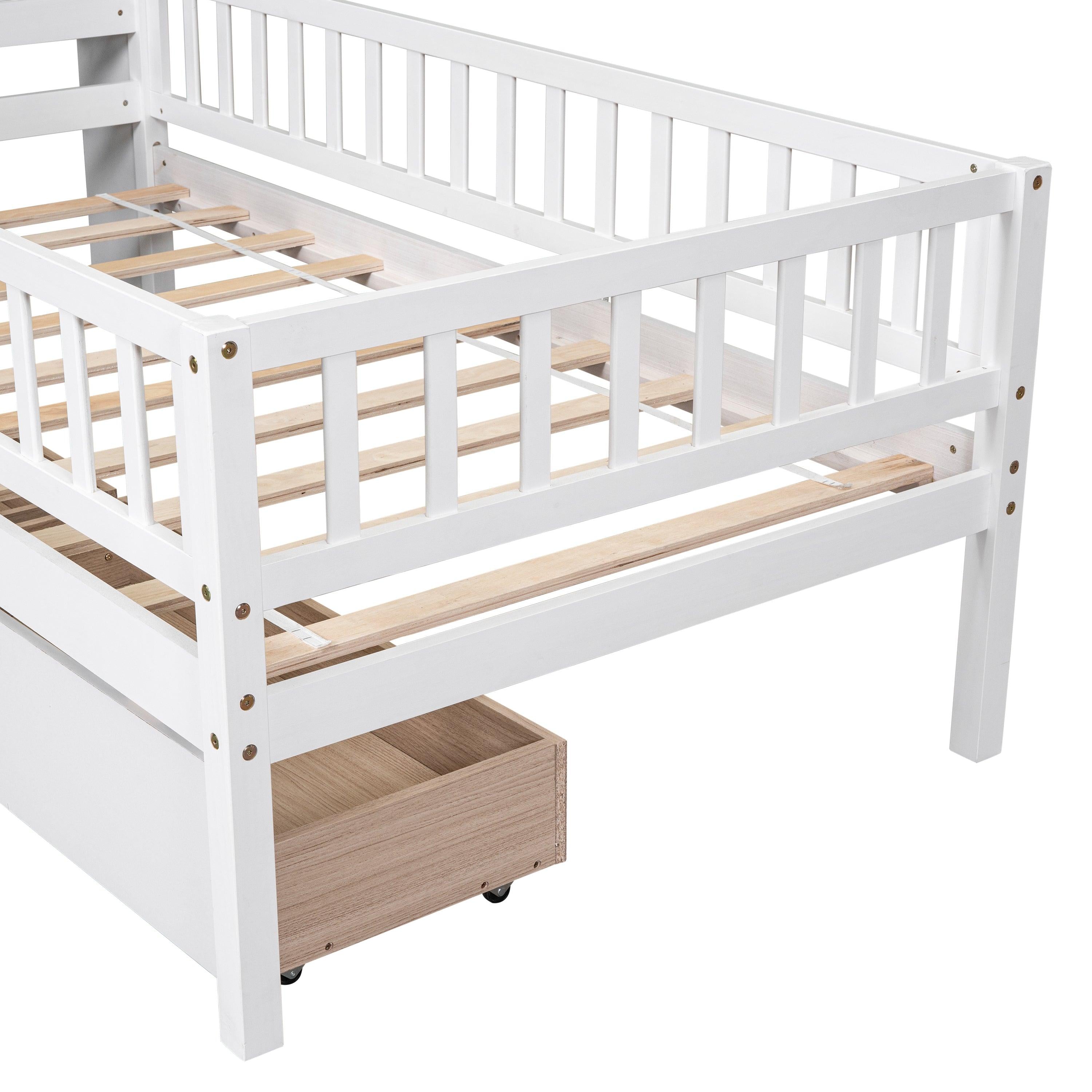 Twin Size House-Shaped Headboard Bed with Fence Guardrails and Drawers ,White