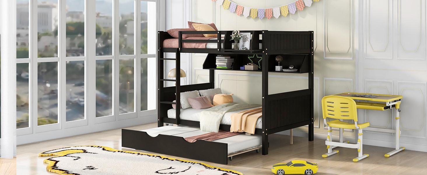 Full-Over-Full Bunk Bed with Twin size Trundle , Separable Bunk Bed with Bookshelf for Bedroom-Espresso