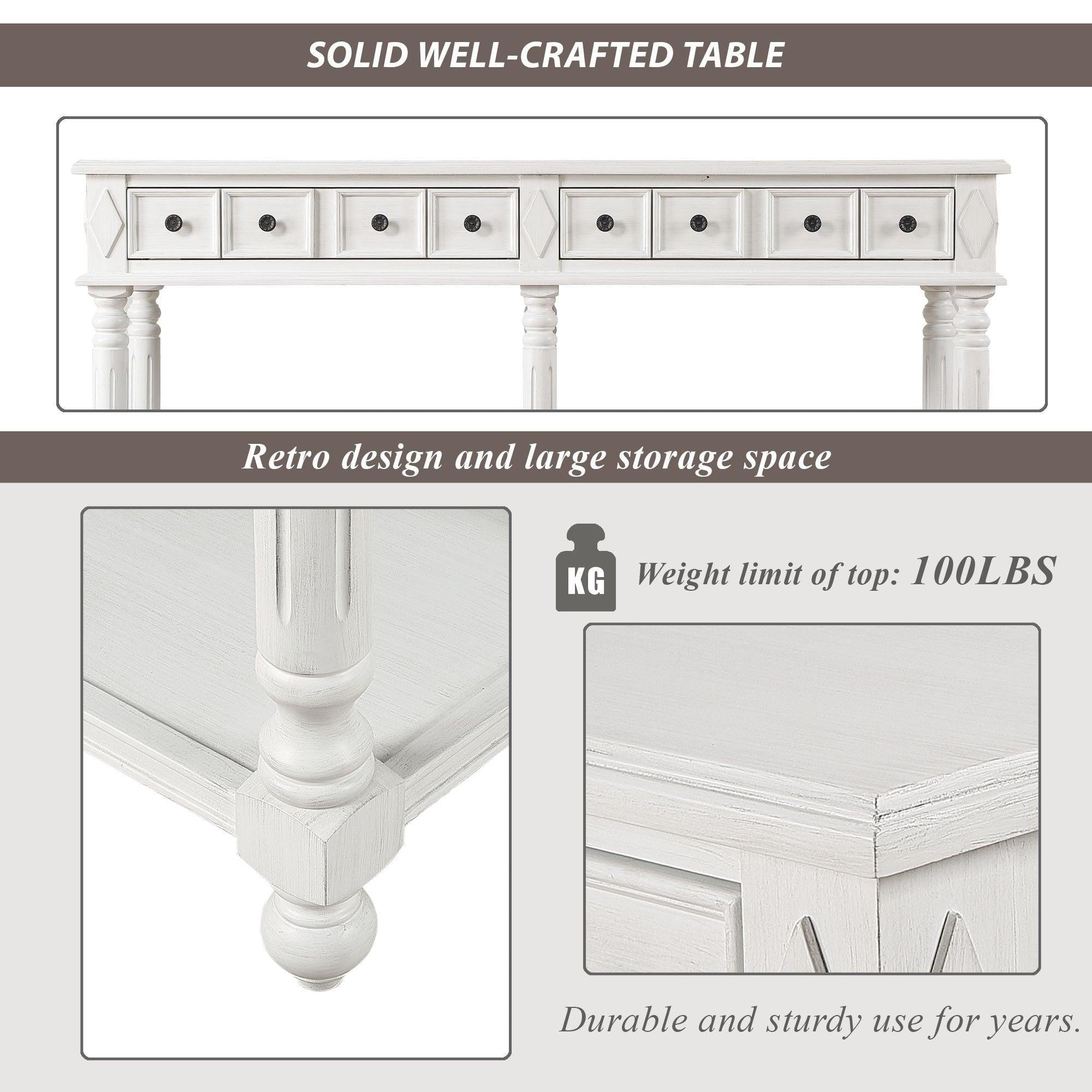 Retro Console Table Entryway Table 58" Long Sofa Table with 2 Drawers in Same Size and Bottom Shelf forStorage (Antique White)