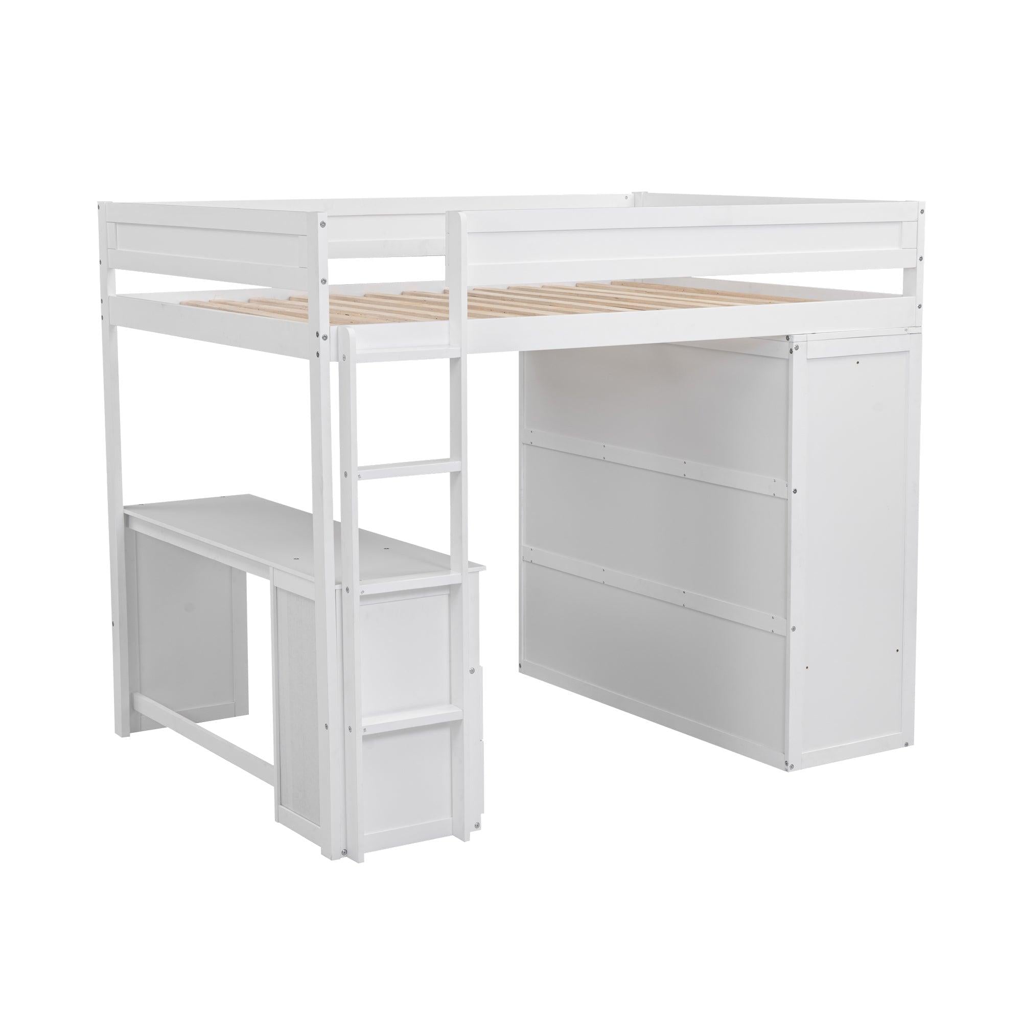 Wood Full Size Loft Bed with Wardrobes and 2-Drawer Desk with Cabinet, White