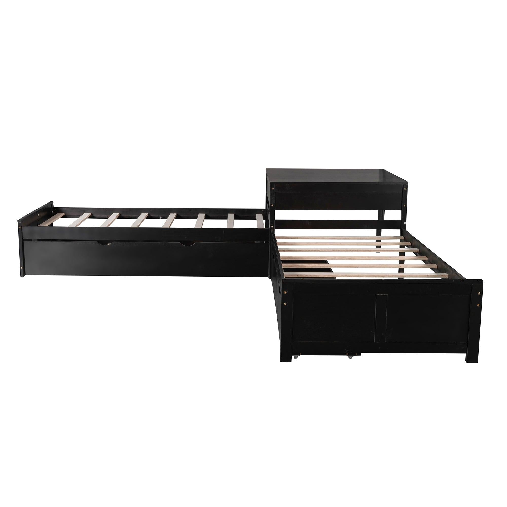 L-shaped Platform Bed with Trundle and Drawers Linked with built-in Desk,Twin,Espresso