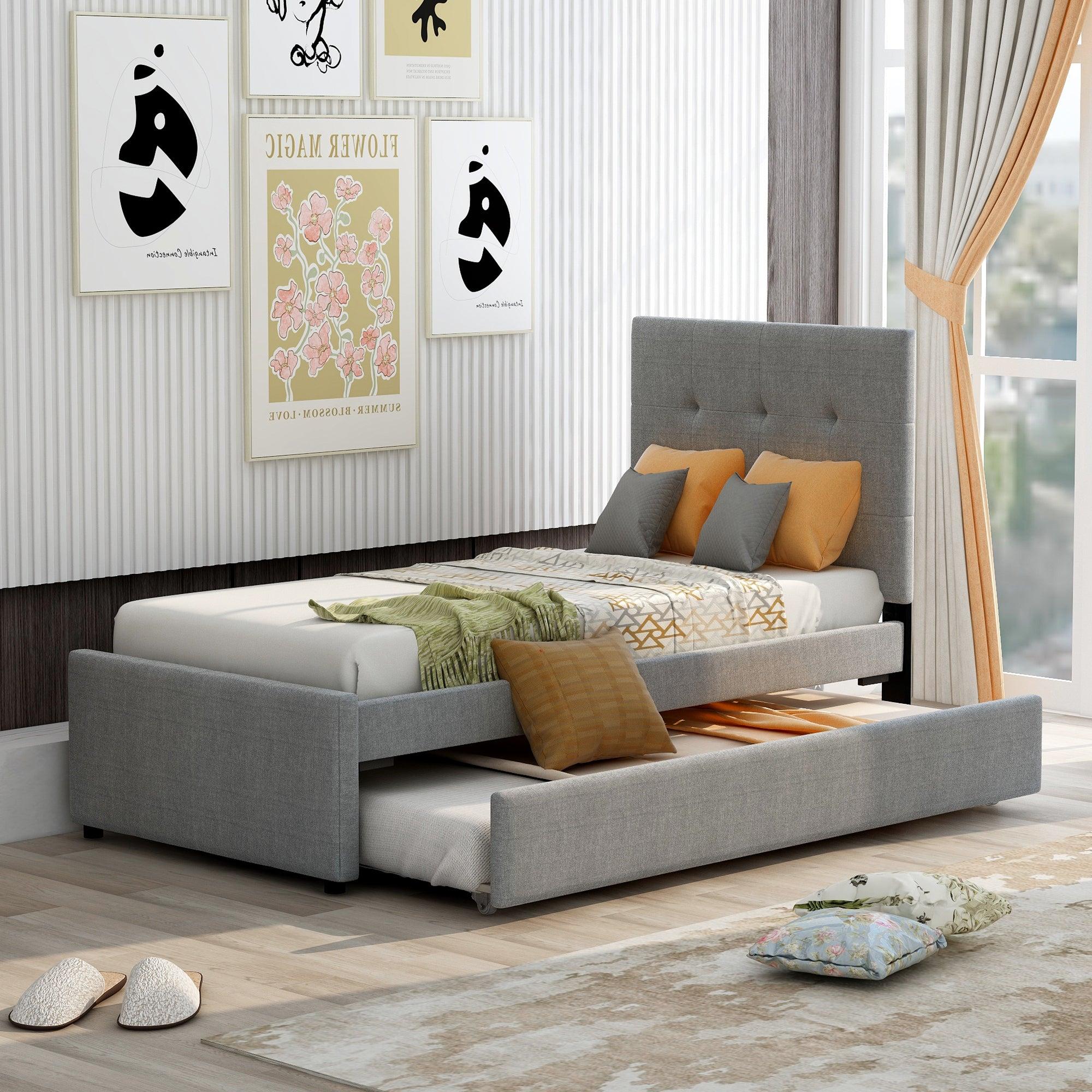 Linen Upholstered Platform Bed With Headboard and Trundle, Twin image