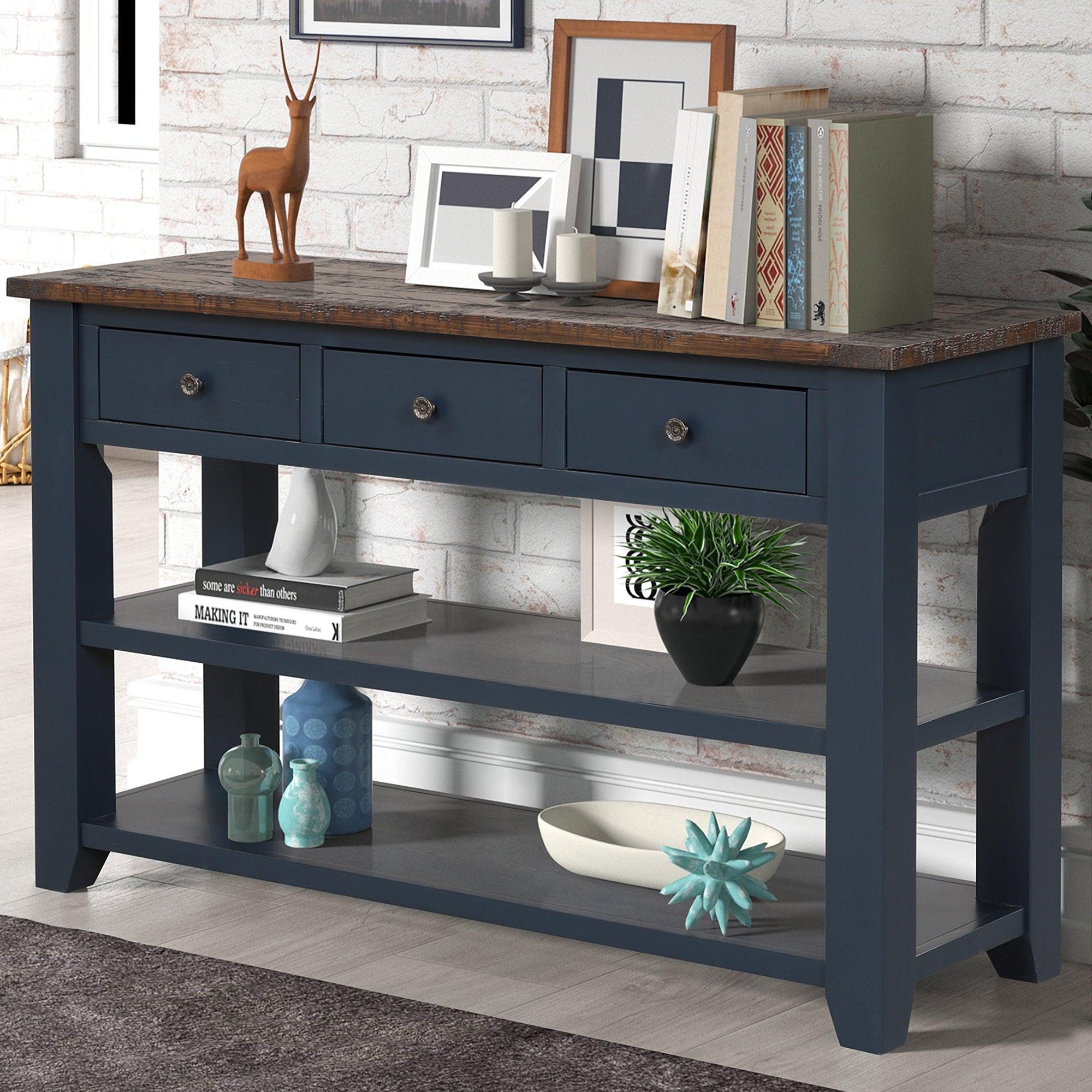 48'' Solid Pine Wood Top Console Table,Modern Entryway Sofa Side Table with 3Storage Drawers and 2 Shelves. Easy to Assemble (Blue)