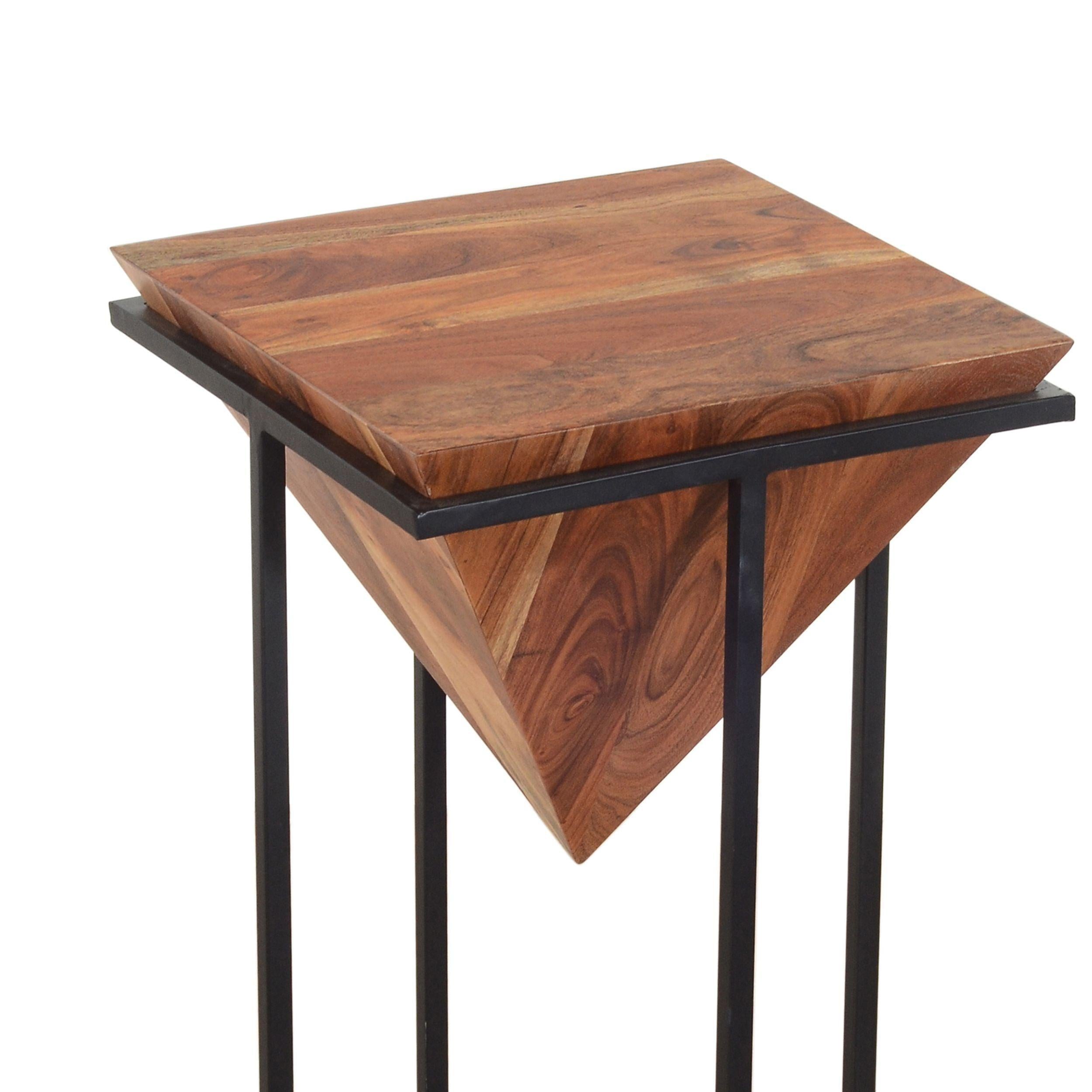 26 Inch Pyramid Shape Wooden Side Table With Cross Metal Base, Brown and Black