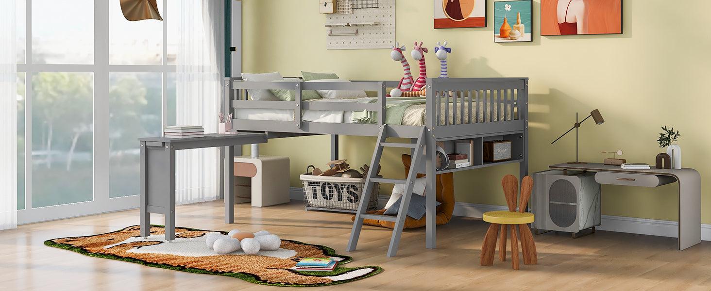 Full Size Loft Bed With Removable Desk and Cabinet, Gray