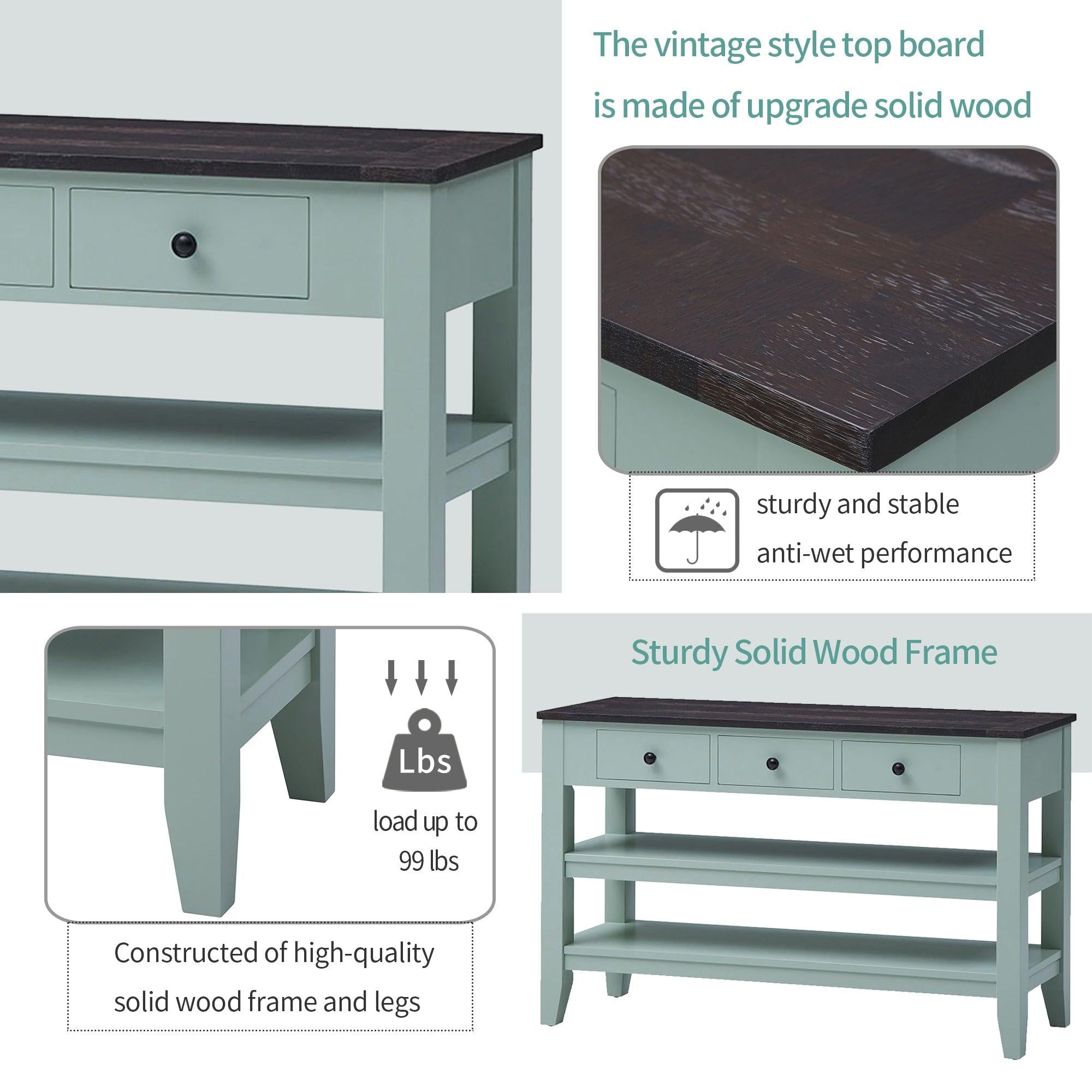 48''Modern Console Table  Sofa Table for Living Room with 3 Drawers and 2 Shelves, Solid Wood Top (Pine)