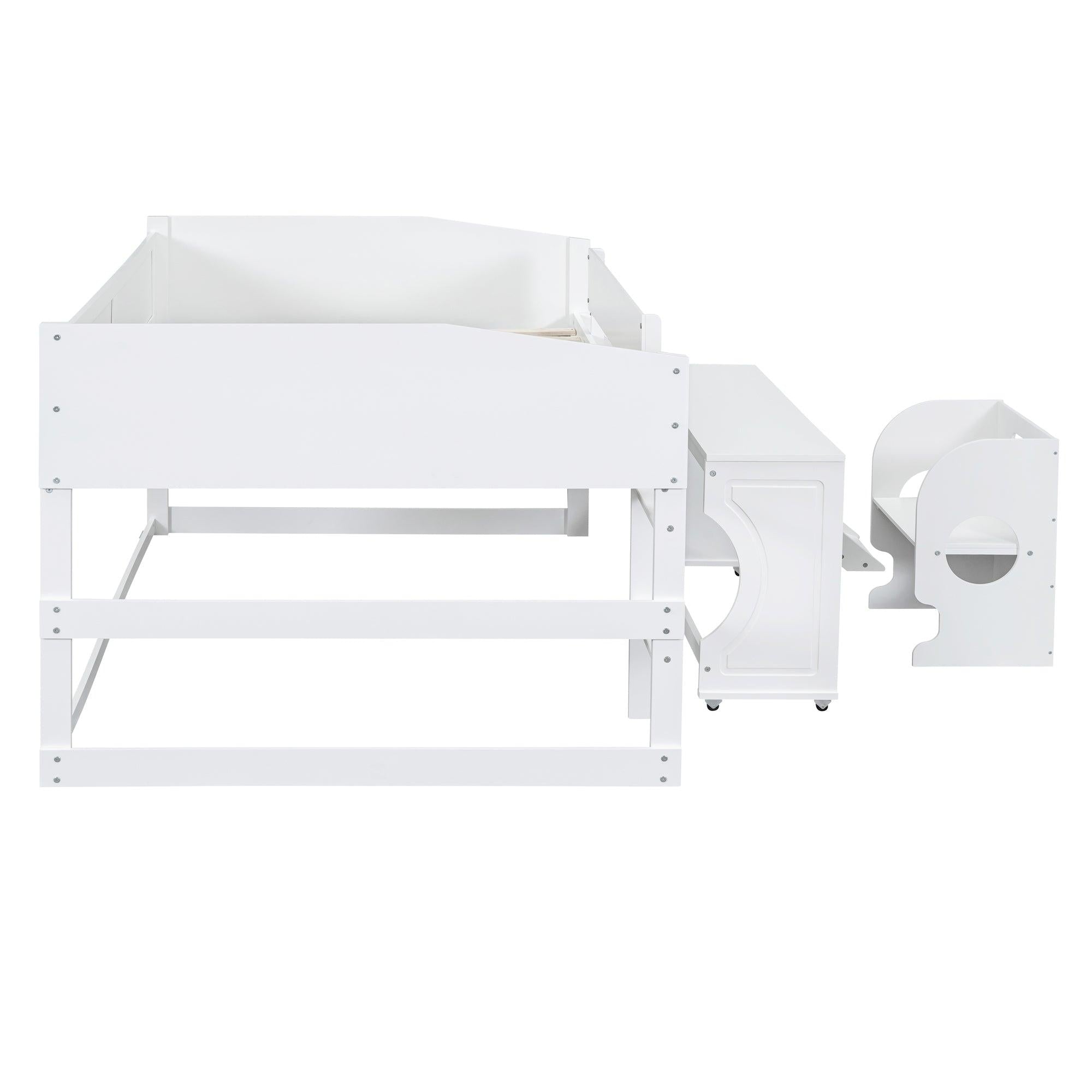 Low Study Full Loft Bed with Rolling Portable Desk and Chair,Multiple Functions Bed- White