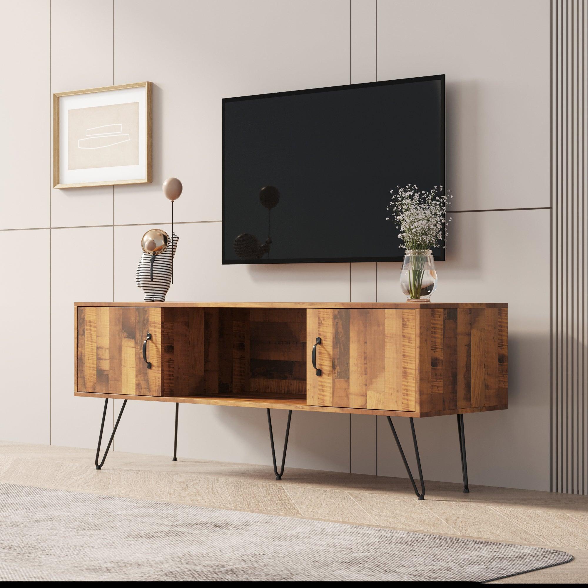 TV Media Stand, 60 inch Wide ,Modern Industrial, Living Room Entertainment Center,Storage Shelves and Cabinets, for Flat Screen TVs up to 65 inches in Natural