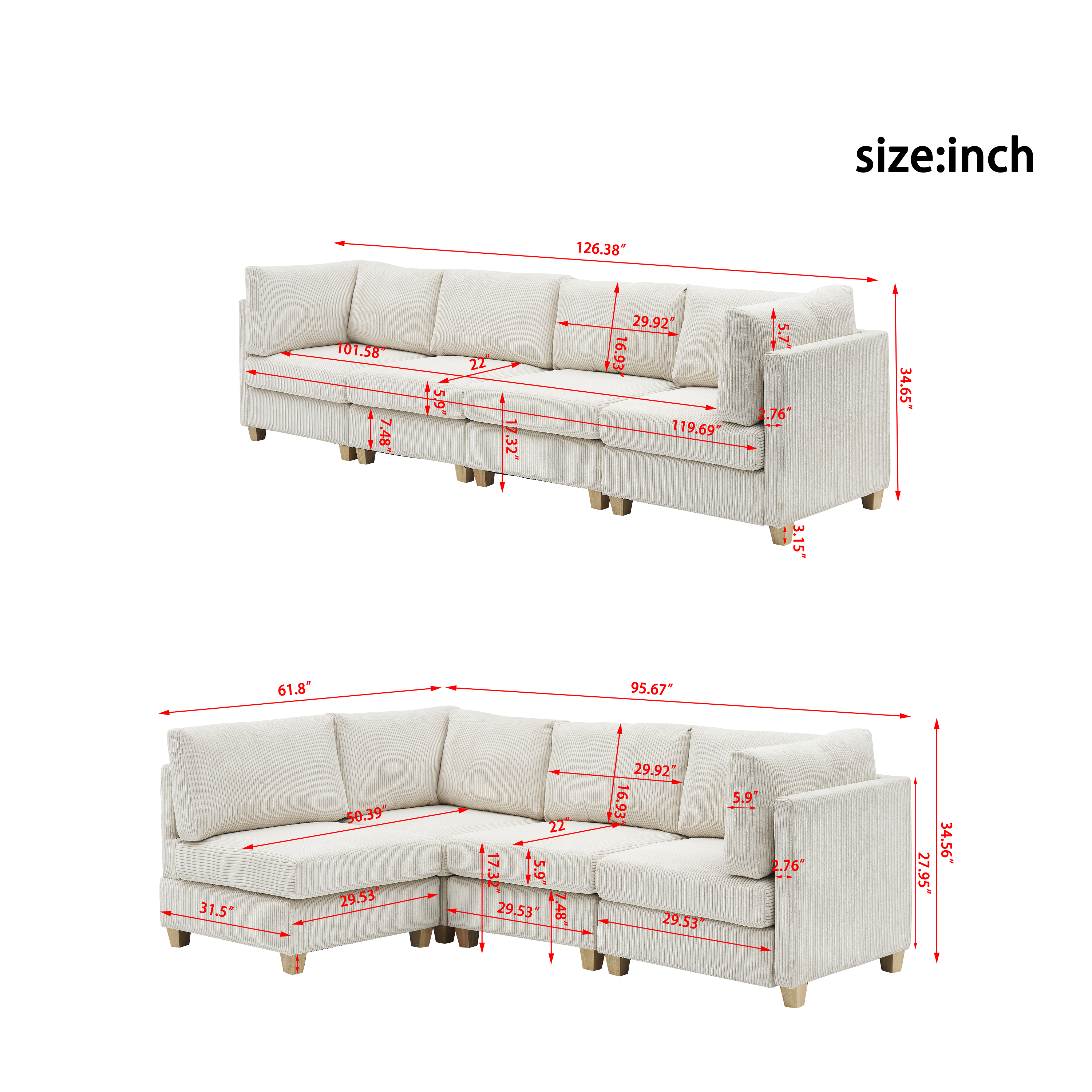 Modern Beige Convertible L Shape Sofa Corduroy Fabric Comfortable Multi-person Combination Living Room Sofa Furniture