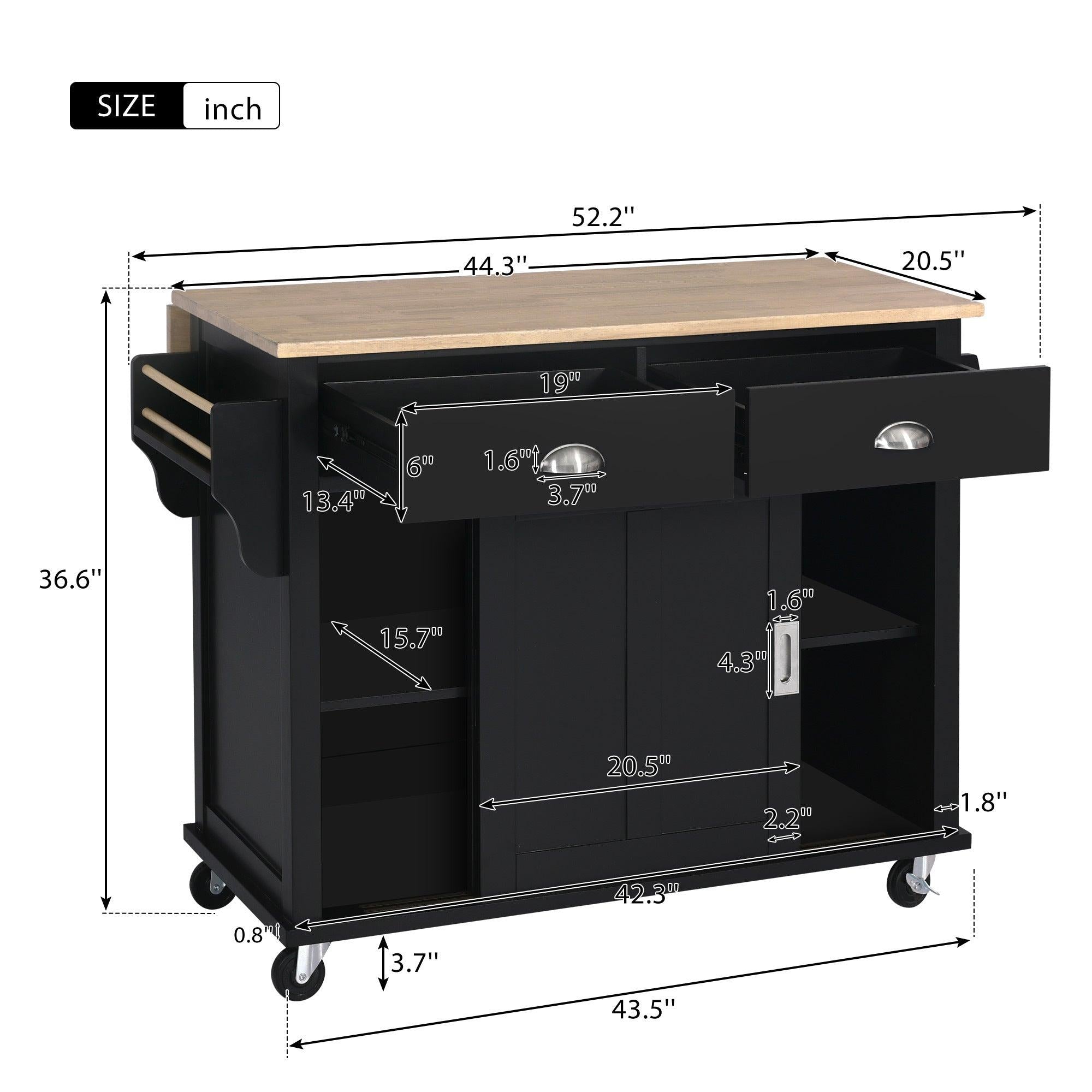 Kitchen Cart with Rubber wood Drop-Leaf Countertop, Concealed sliding barn door adjustable height,Kitchen Island on 4 Wheels withStorage Cabinet and 2 Drawers,L52.2xW30.5xH36.6 inch, Black