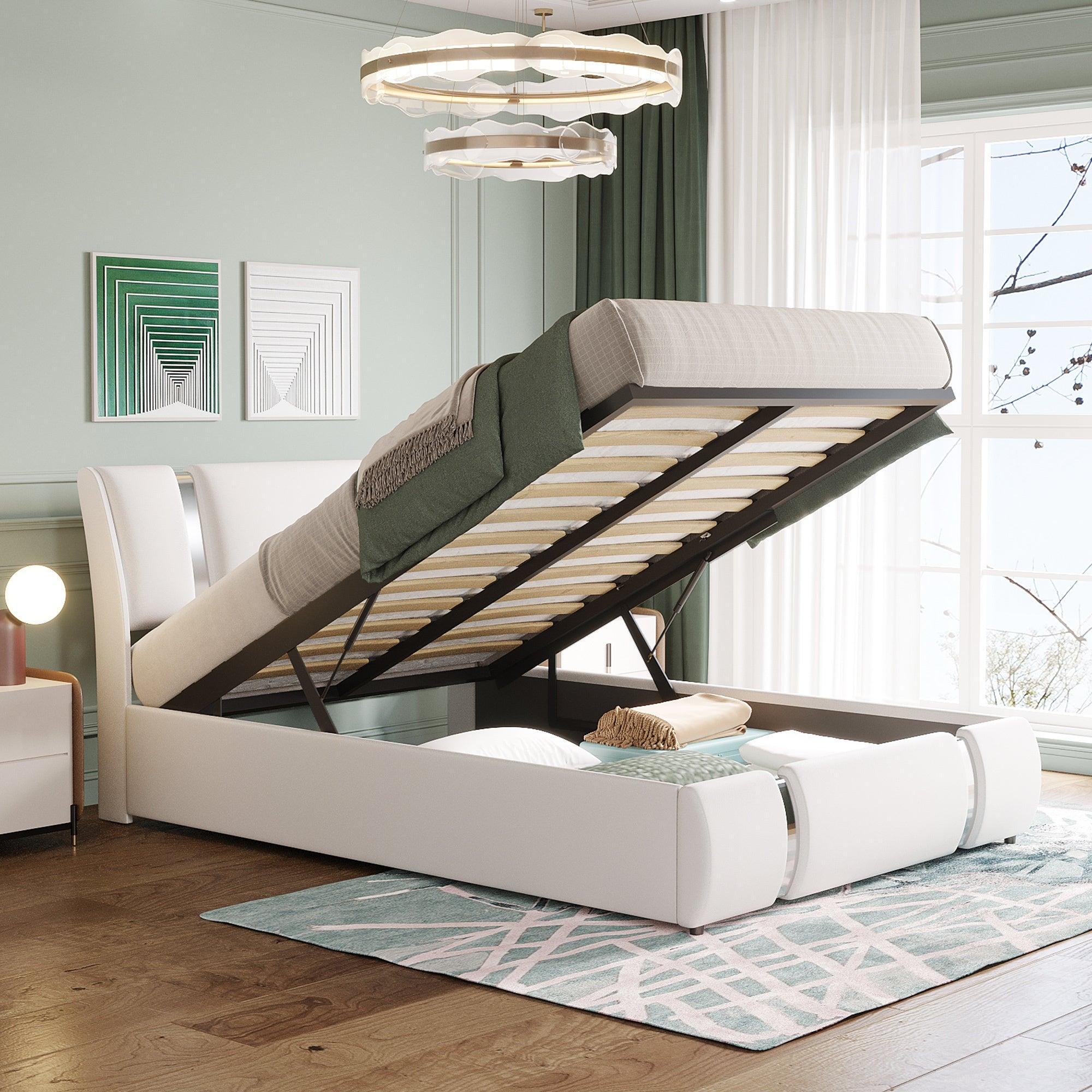 Full Size Upholstered Faux Leather Platform bed with a HydraulicStorage System, White image