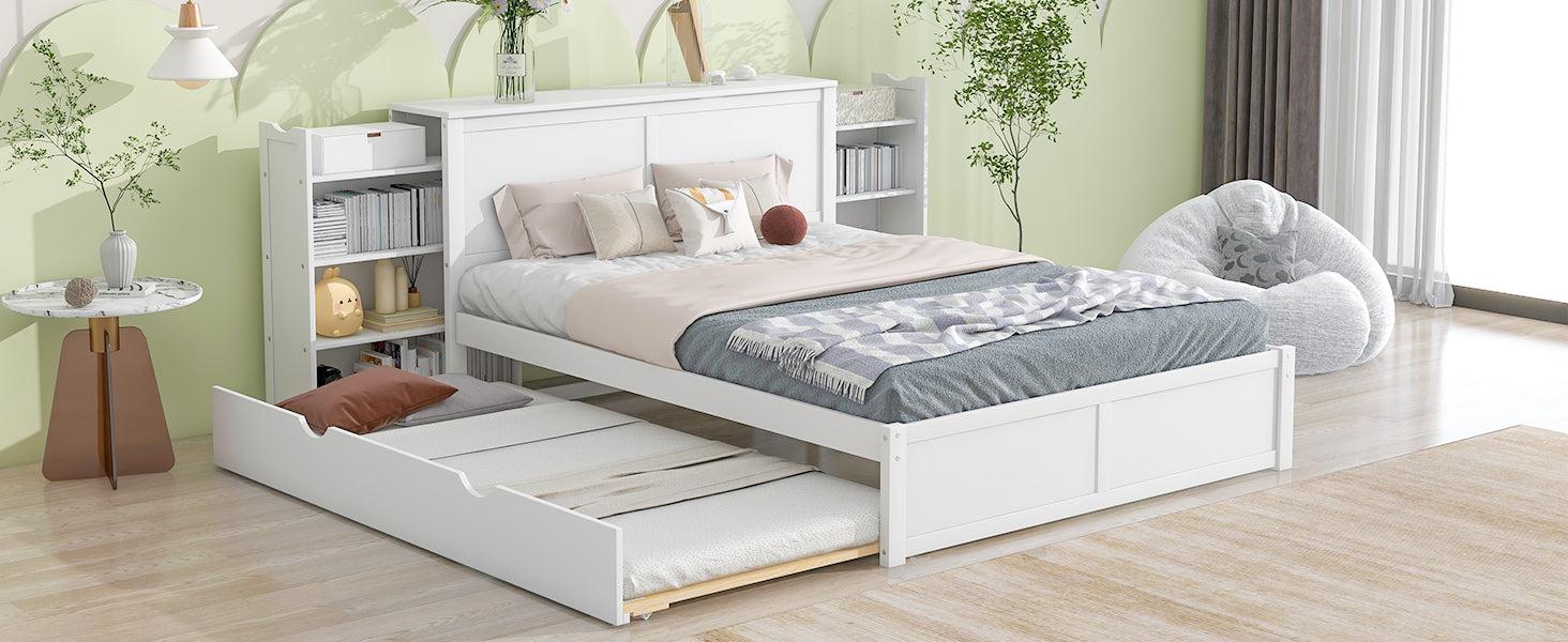 Queen SizeStorage Platform Bed with Pull Out Shelves and Twin Size Trundle, White