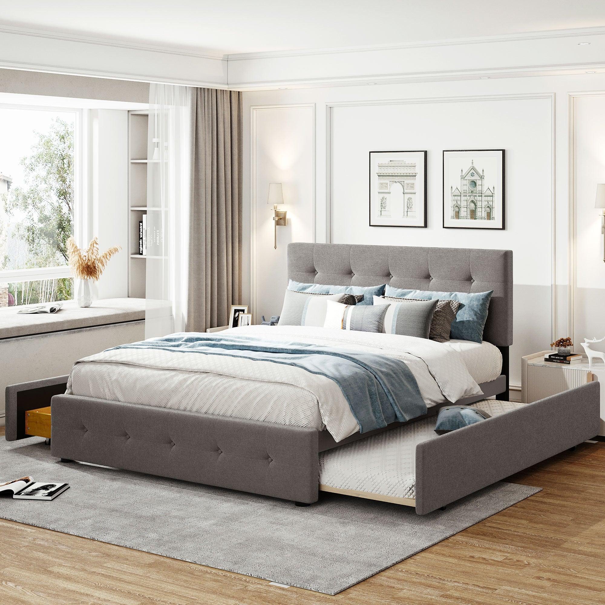 Upholstered Platform Bed with 2 Drawers and 1 Twin XL Trundle,  Linen Fabric, Queen Size - Light Gray image