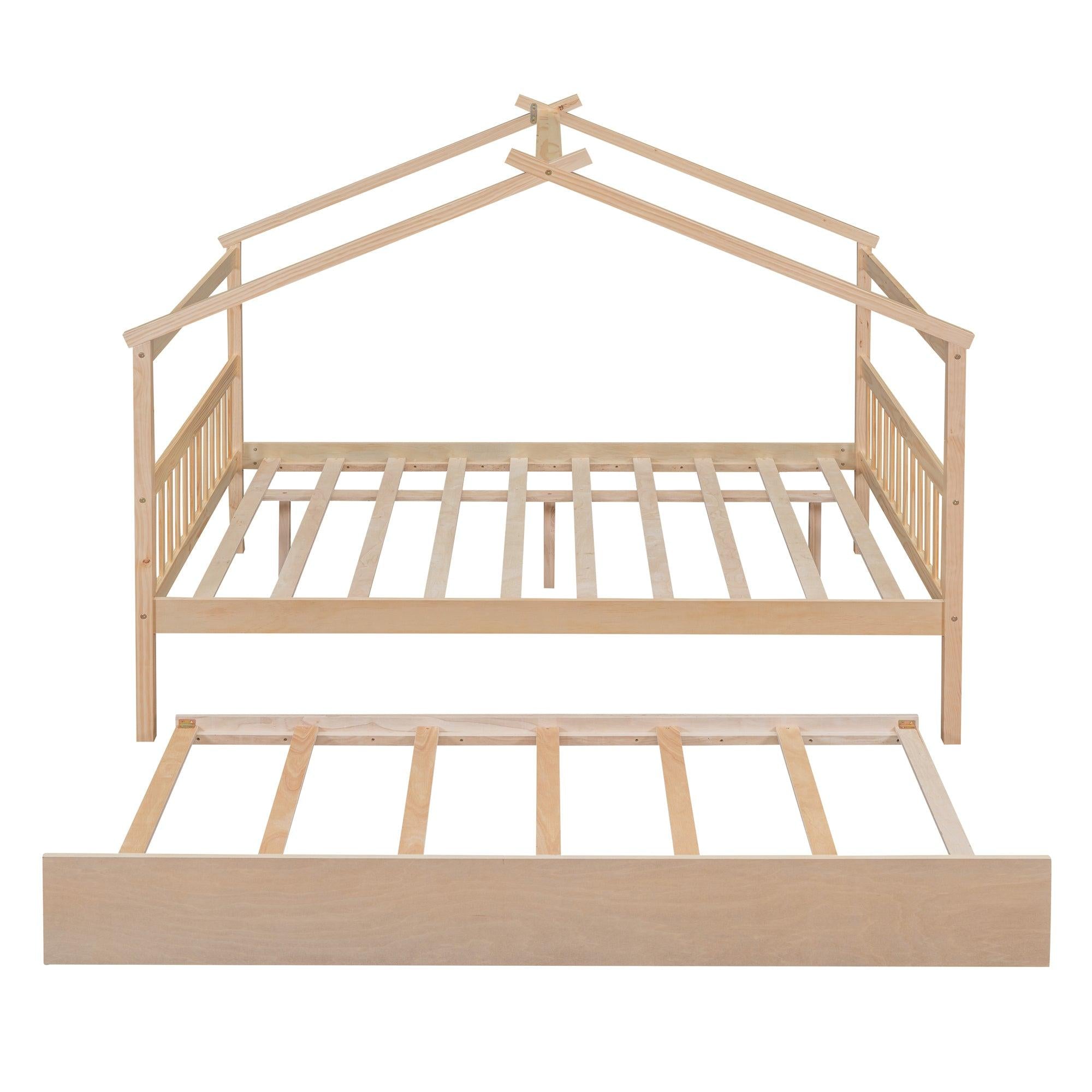 Full Size Wooden House Bed with Twin Size Trundle, Natural