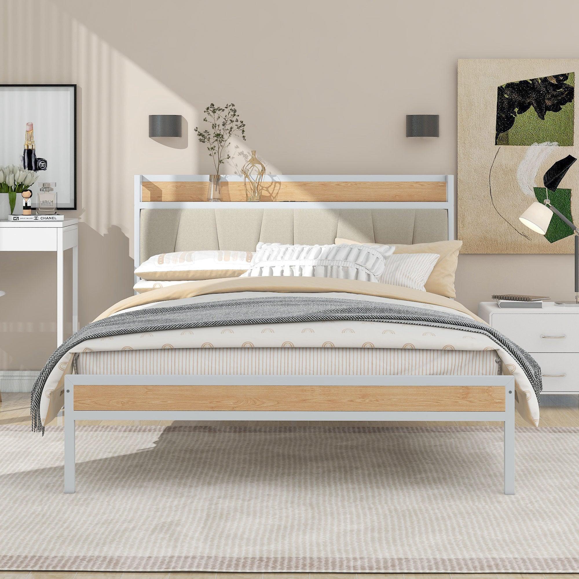 Full Size Metal Platform Bed Frame with Upholstered headboard ，Sockets, USB Ports and Slat Support ,No Box Spring Needed，White