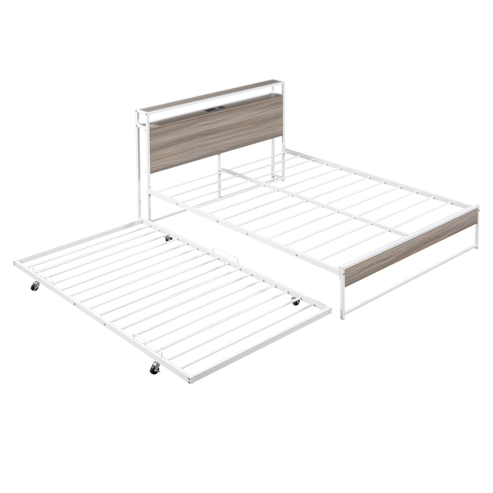 Full Size Metal Platform Bed Frame with Trundle, USB Ports and Slat Support ,No Box Spring Needed White