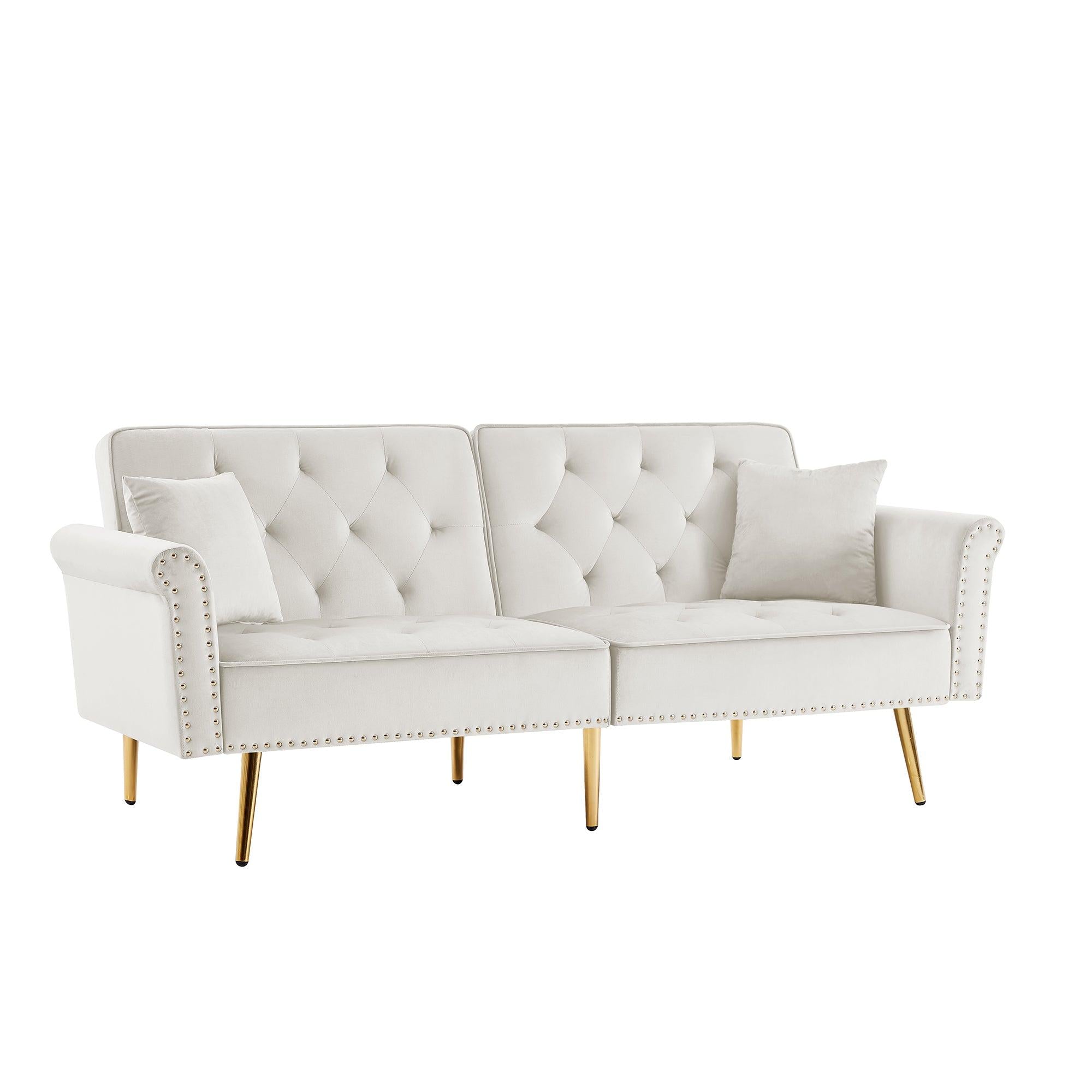 Modern Velvet Tufted Sofa Couch with 2 Pillows and Nailhead Trim, Loveseat Sofa Futon Sofa Bed with Metal Legs  for Living Room.