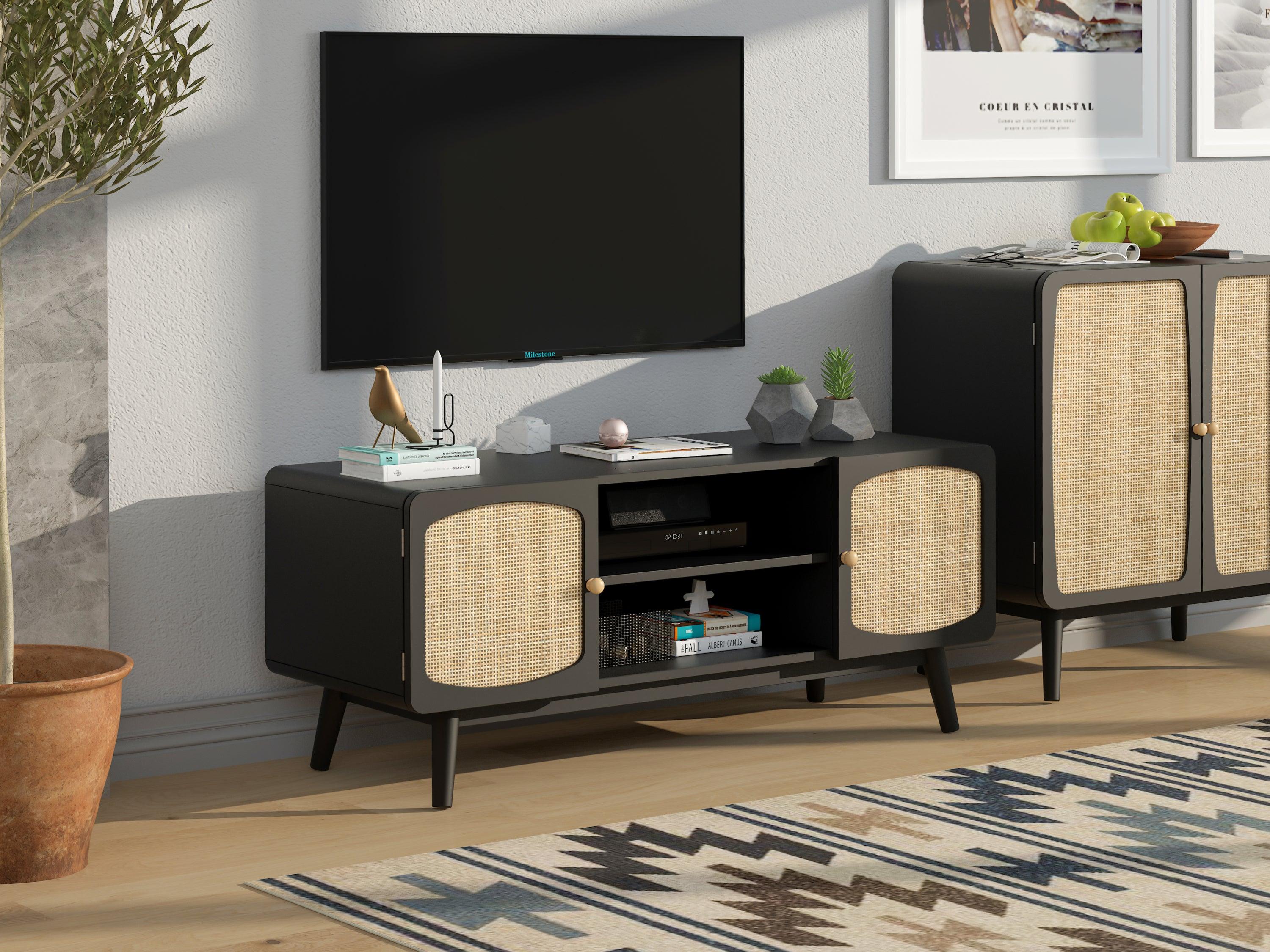 Black TV Console with Rattan Door, Boho TV Stand for Bedroom, Living Room