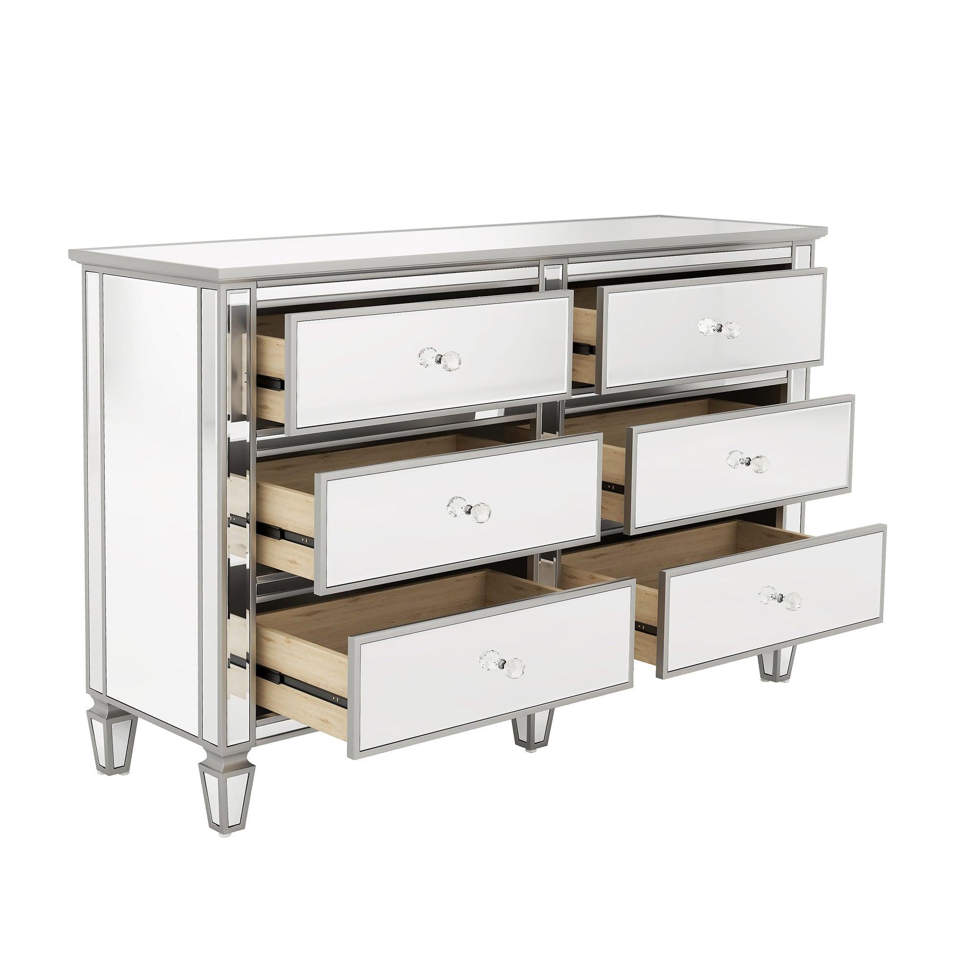 Elegant Mirrored Dresser with 6 Drawers,Modern Silver Finished 56.1''L x 18.1'' W x 36.4''HStorage Cabinet for Living Room, Hallway, Entryway