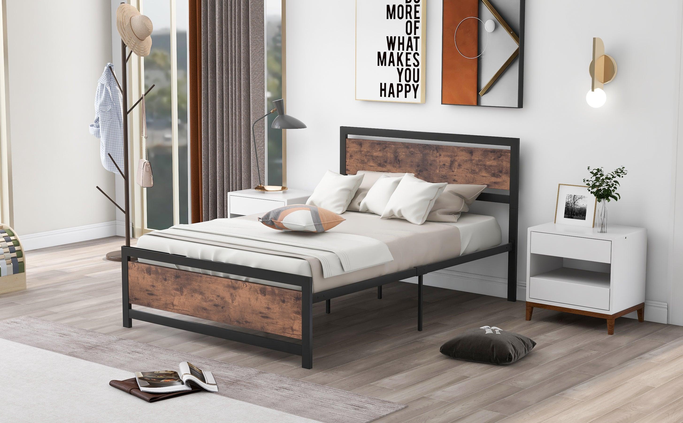 Metal and Wood Bed Frame with Headboard and Footboard ,Full Size Platform Bed ,No Box Spring Needed, Easy to Assemble(BLACK)