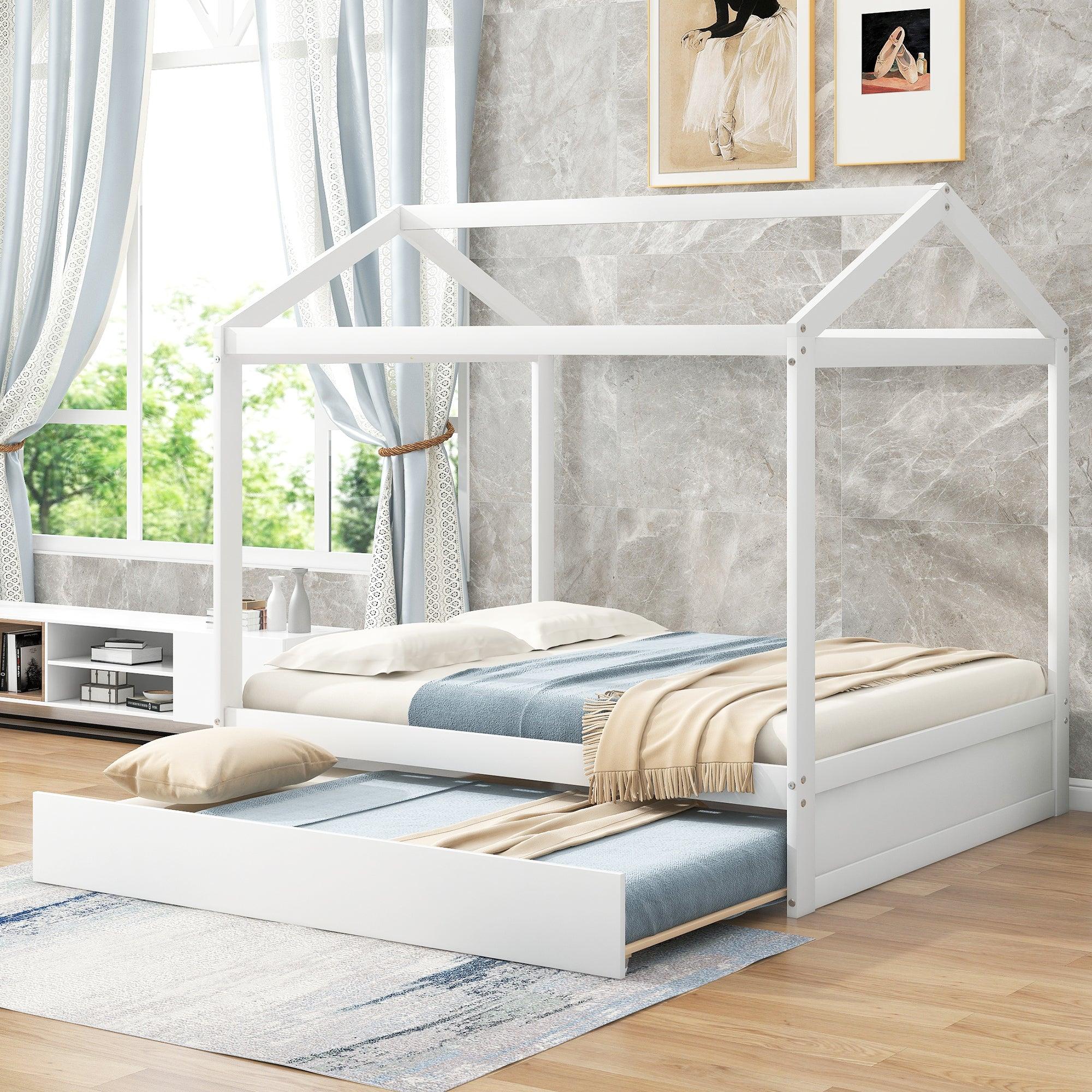 Full Size House Bed with Trundle,Support Legs,White