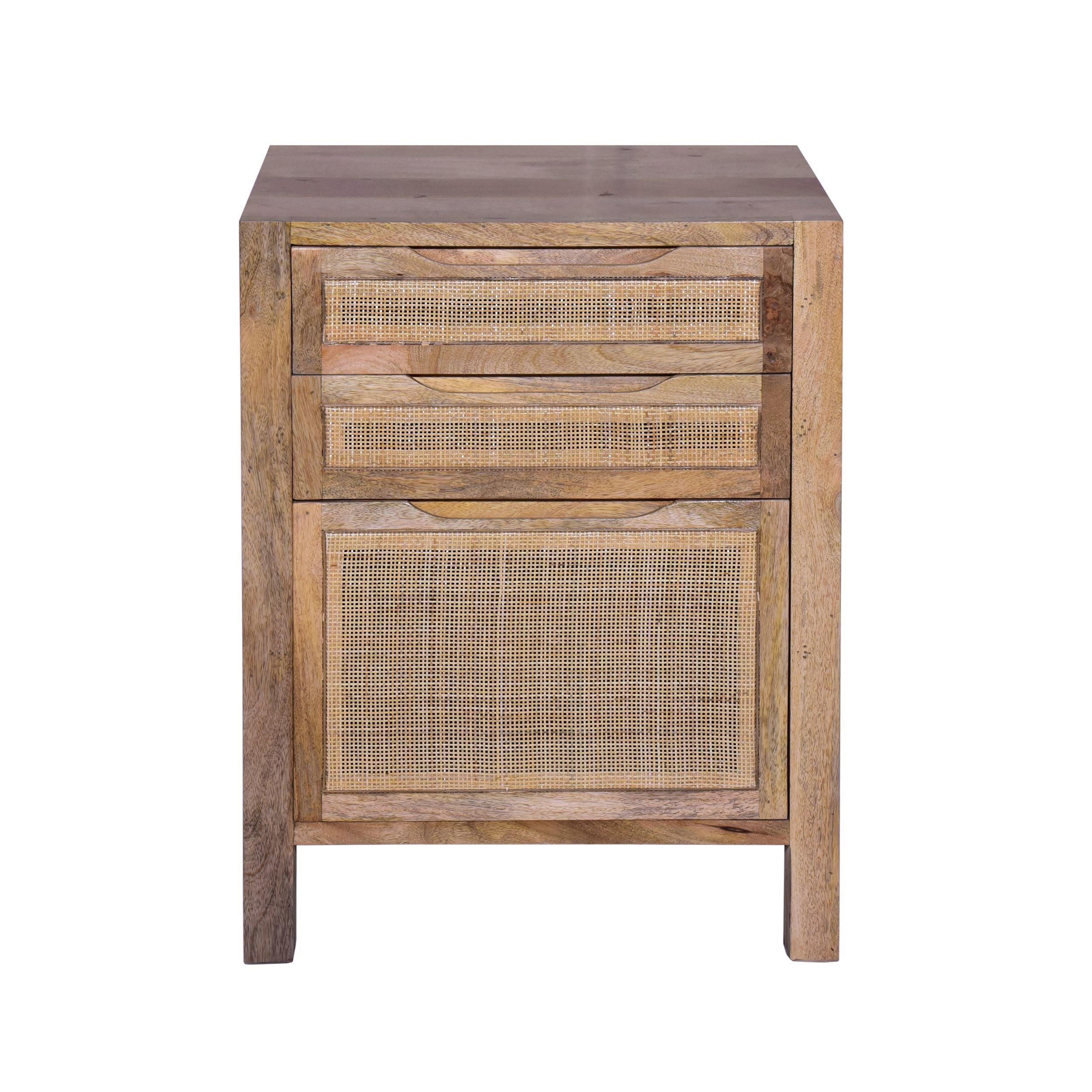 Ryan 31 Inch Cottage ManWoodStorage Cabinet Table, Cane Rattan Panels, 3 Drawers, Natural Brown