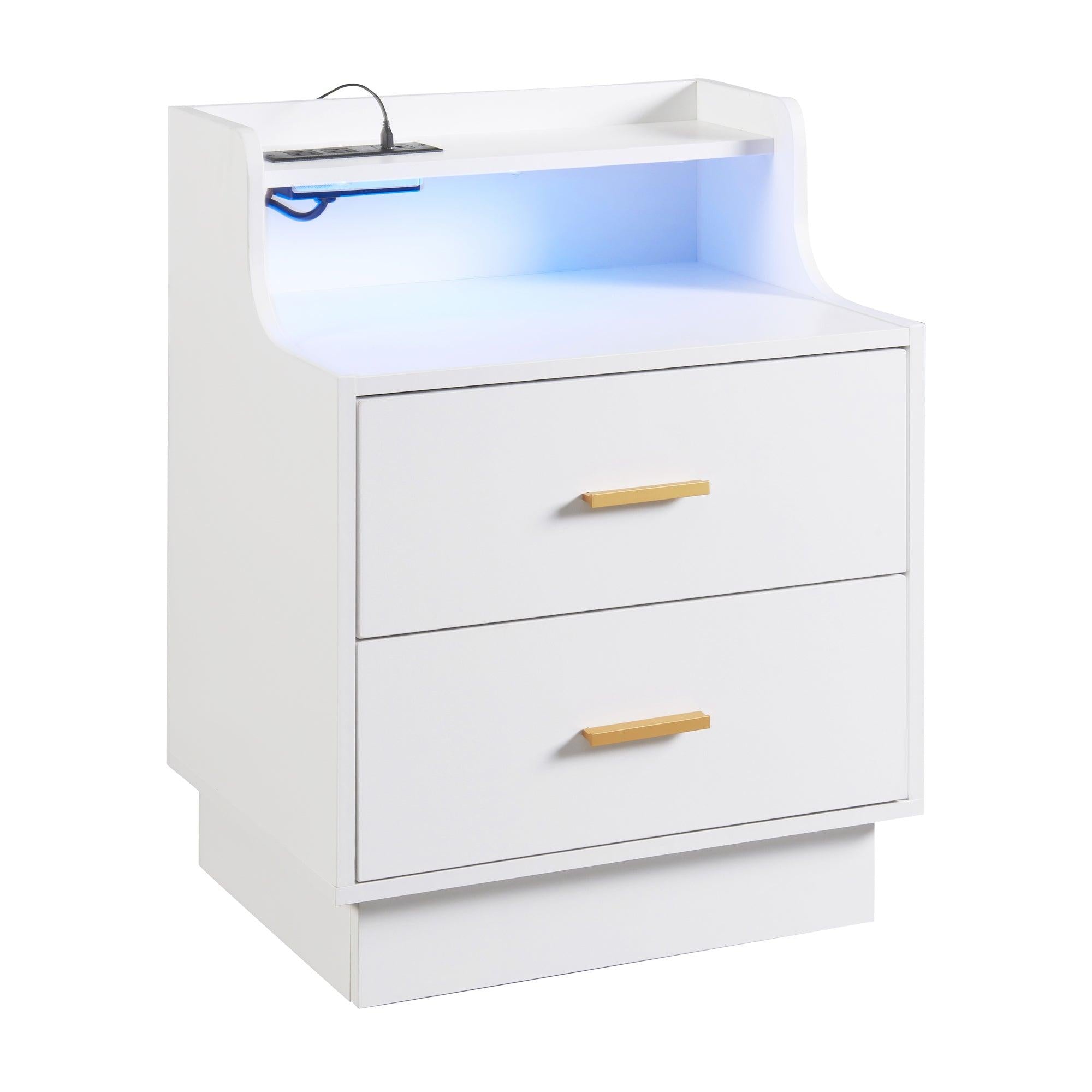 Multifunctional Nightstand with 2 Drawers, Shelf with USB Charging Design and Color-Changing LED, White