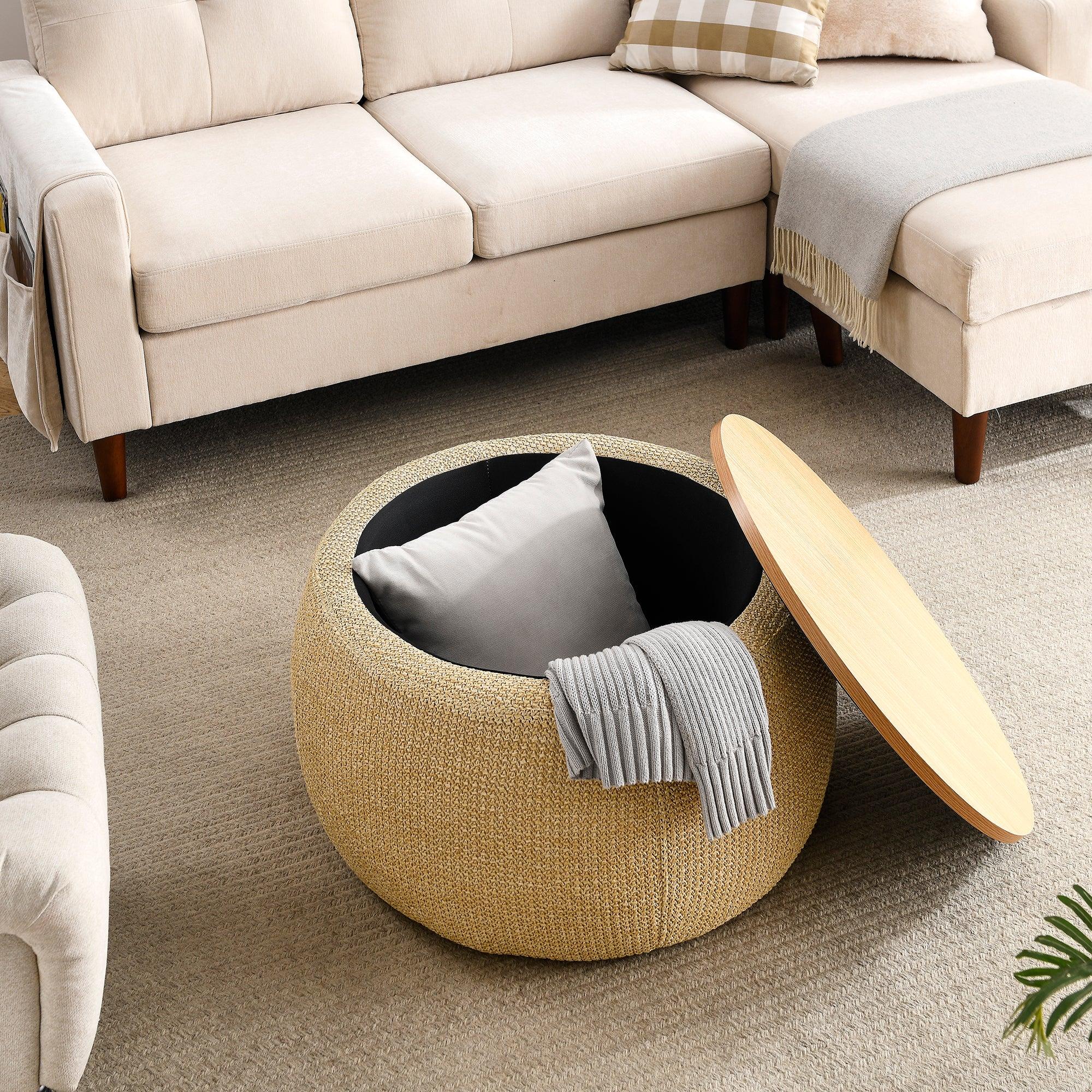 RoundStorage Ottoman, 2 in 1 Function, Work as End table and Ottoman, Natural (25.5"x25.5"x14.5")