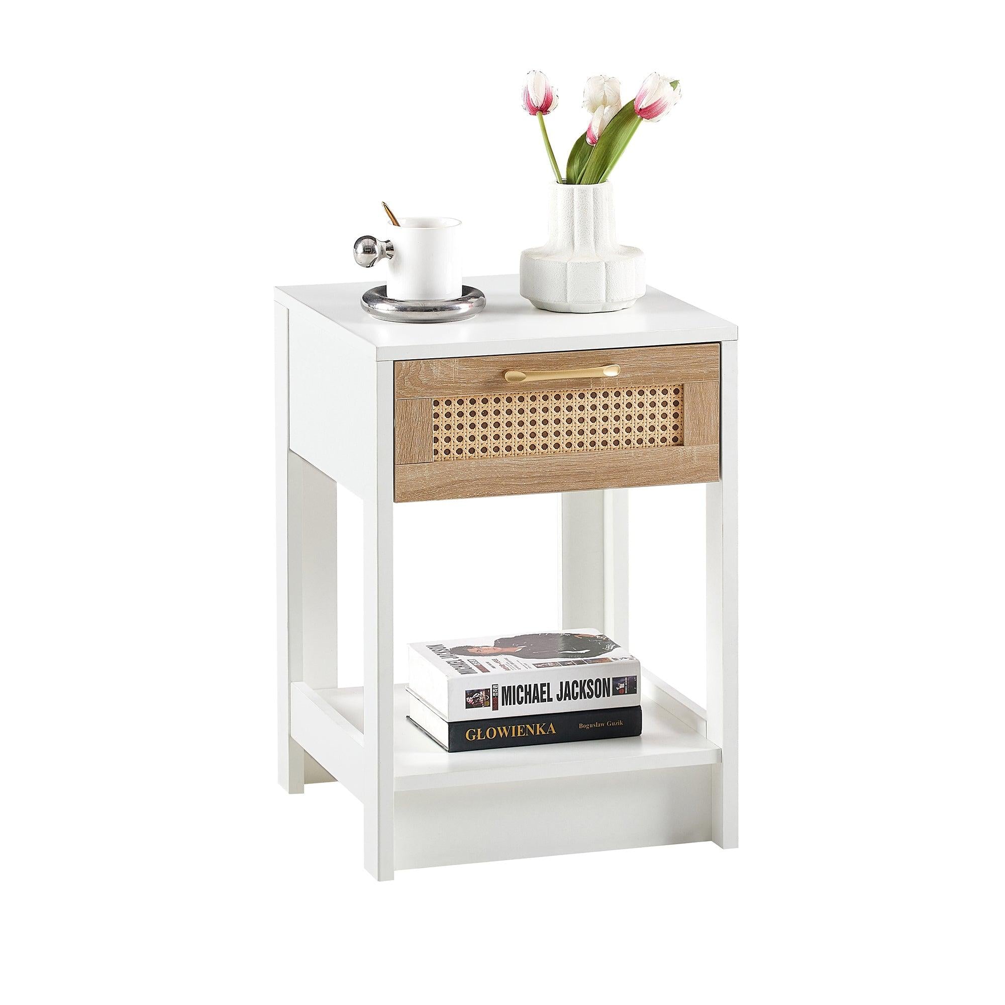 15.75" Rattan End table with  drawer,Modern nightstand, side table for living roon, bedroom,white