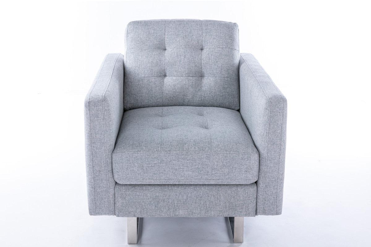 Victoria Light Gray Linen Fabric Loveseat Chair Living Room Set with Metal Legs, Side Pockets, and Pillows