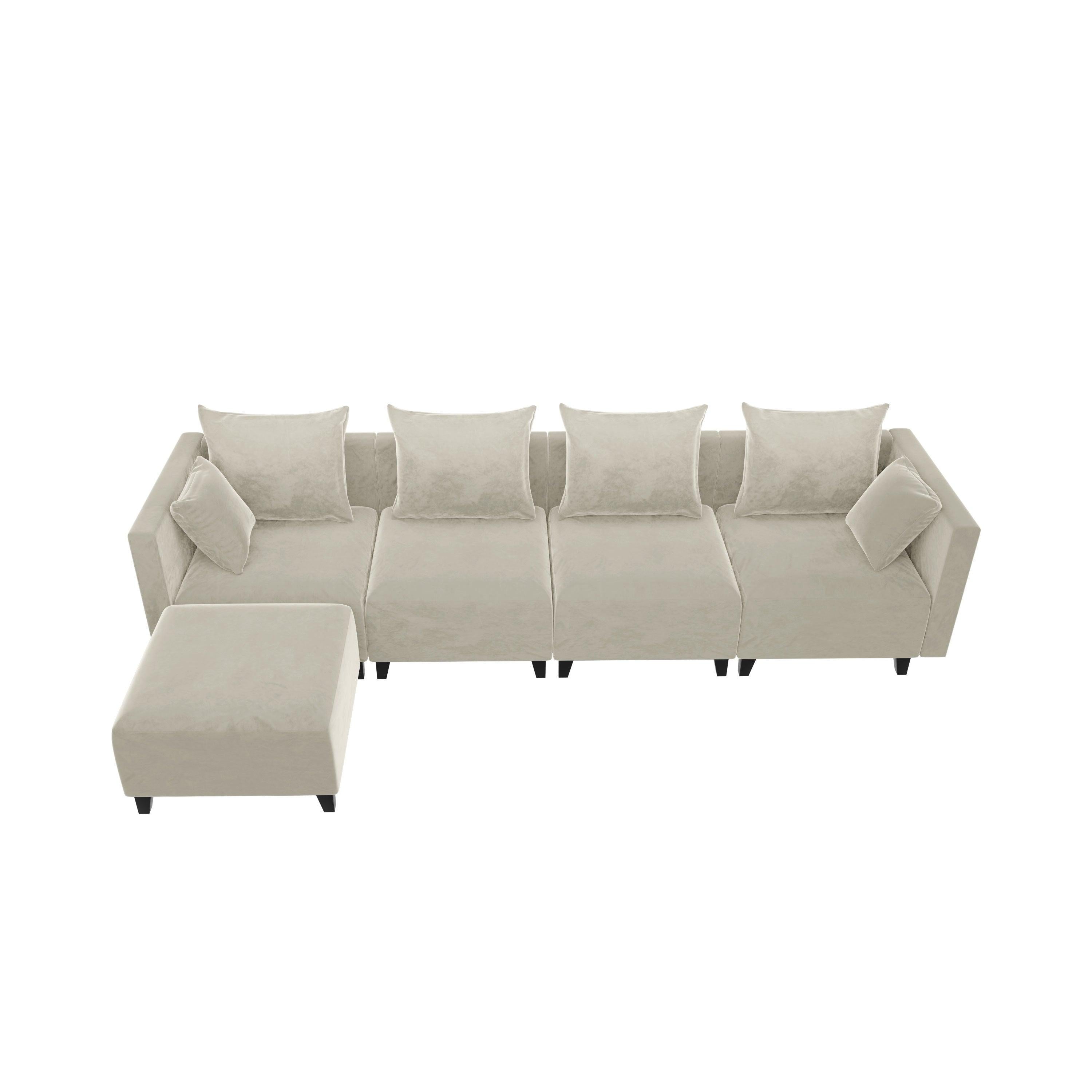 Sectional Sofa L shape Velvet Square Arm Sofa with 6 Pillows for Living Room, Beige with Black Foot