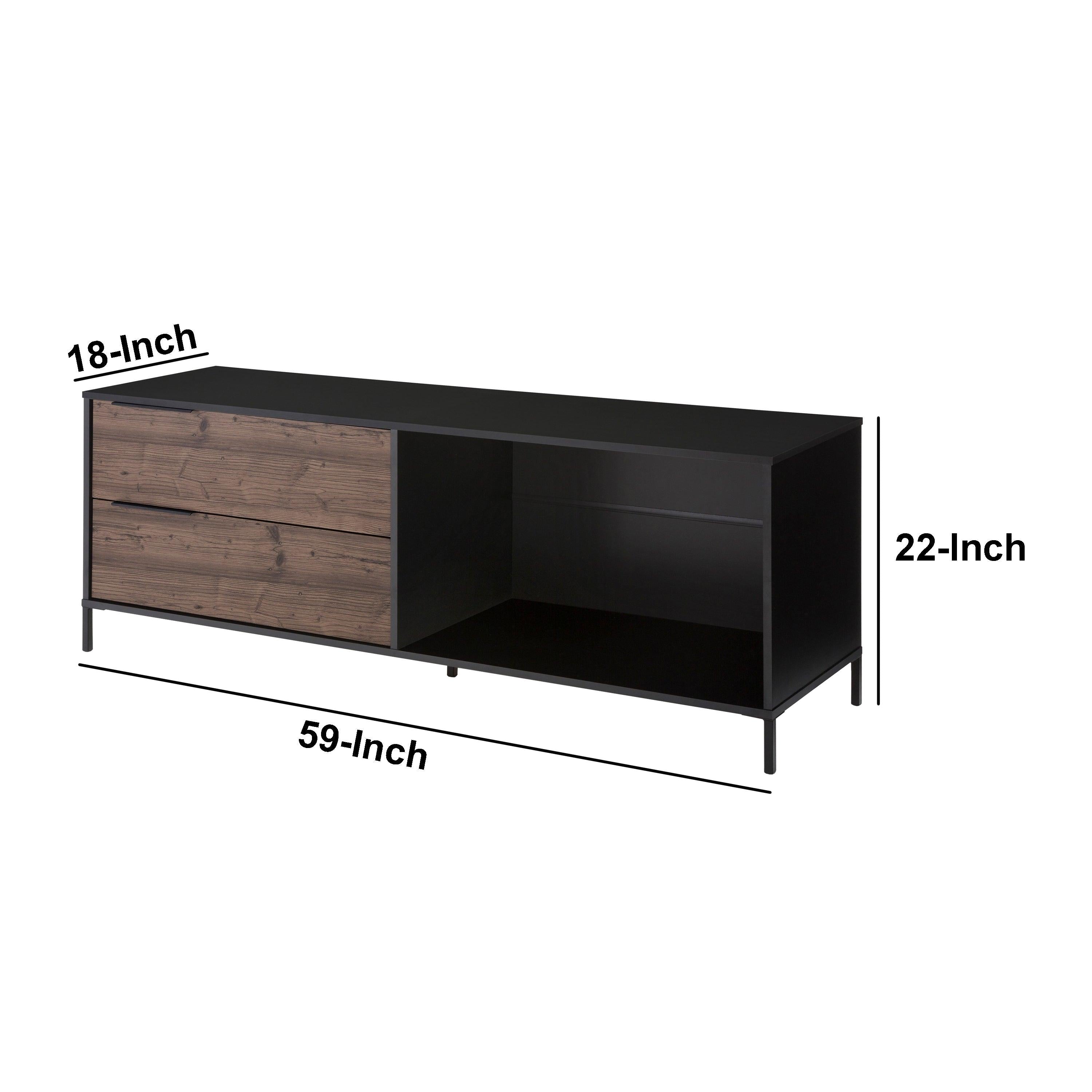 60 Inch Wood and Metal Entertainment TV Stand with 2 Drawers, Brown and Black