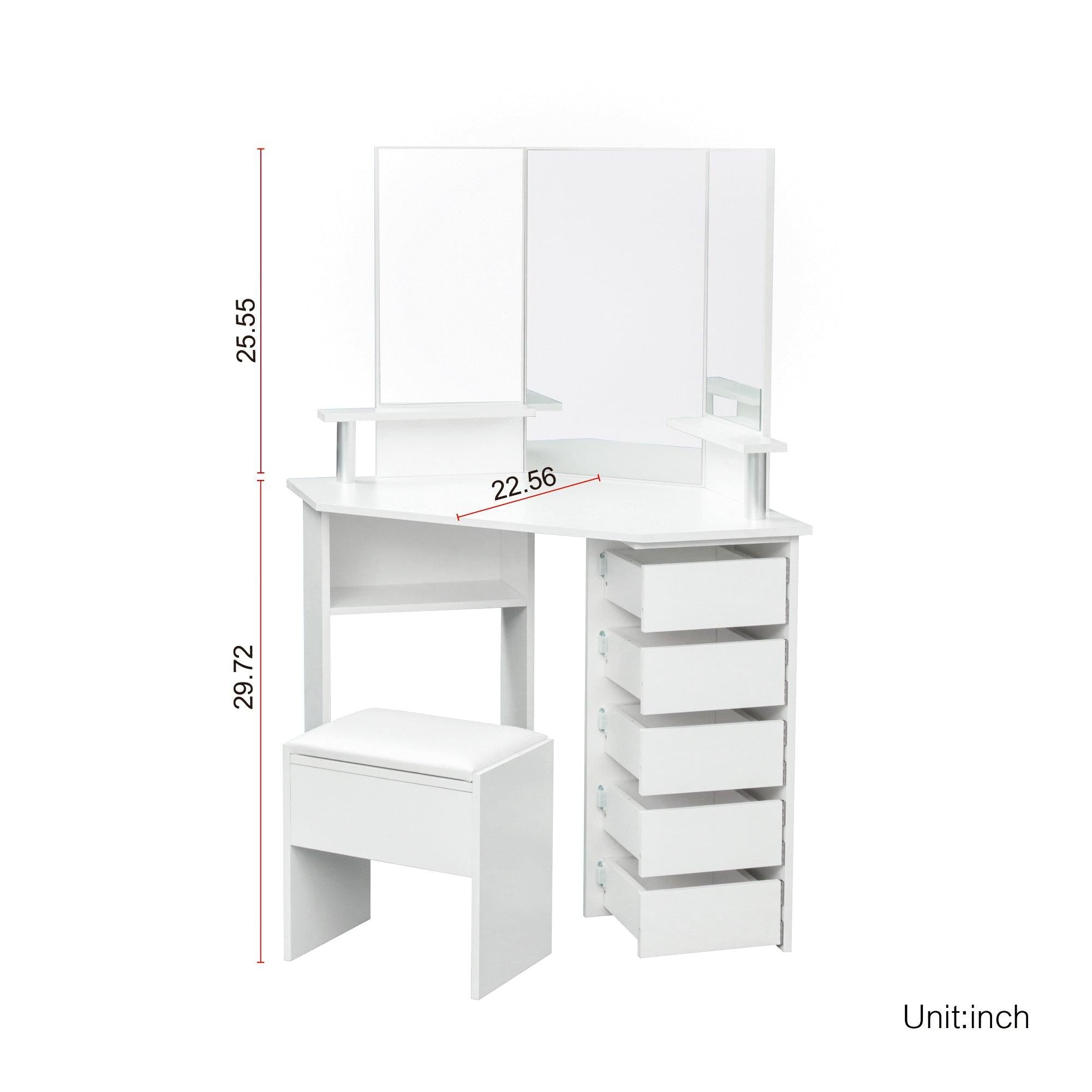 Corner dressing table make up desk with three-fold mirror and 5 rotary drawer Wooden Bedroom Vanity Table (White)